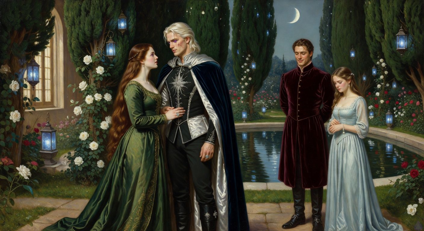Cinematic romantic court intrigue scene in a moonlit palace garden. A curvy young noblewoman with long auburn hair in a moss-green gown stands beneath dark cypress trees with a tall lean young king with pale platinum hair and violet eyes in black and silver royal attire. He is close to her, one hand near her waist, their faces just parted from a brief forbidden kiss, both tense and breathless. Blue enchanted lanterns glow among white thorn roses, casting silver and sapphire light. Across a reflecting pool, a handsome man in burgundy velvet watches with a calculating smile, while a petite princess in pale blue silk stands nearby with composed hurt. Mood is sensual, dangerous, elegant, political, and secretive, like a high-stakes historical romance film still. No nudity, tasteful intimacy only.