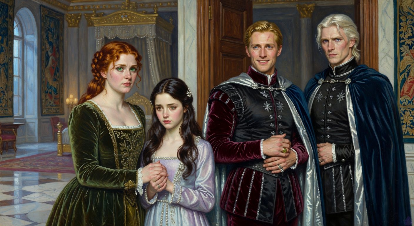 Cinematic historical romance scene in a moonlit royal chamber at dawn: Lady Morrigan Lancaster with auburn hair half-loose, emerald eyes anxious, wearing a moss-green court gown with one cuff slightly crooked, clasping the cold hands of Princess Danae Loghain in a pale pearl-embroidered morning wrapper, Danae’s dark hair unbound and expression wounded but composed. In the doorway stands Edward Dayne in burgundy velvet with a charming calculating smile, turning a heavy signet ring, while King Aerion Dayne stands slightly behind him in black and silver royal dress, platinum hair imperfectly swept back, violet eyes cold and guarded. The room glows with soft blue-gray dawn light, lavender and pearl details, tense body language, secrets and scandal hanging in the air, emotionally charged but tasteful, elegant palace interior, romantic political drama mood.