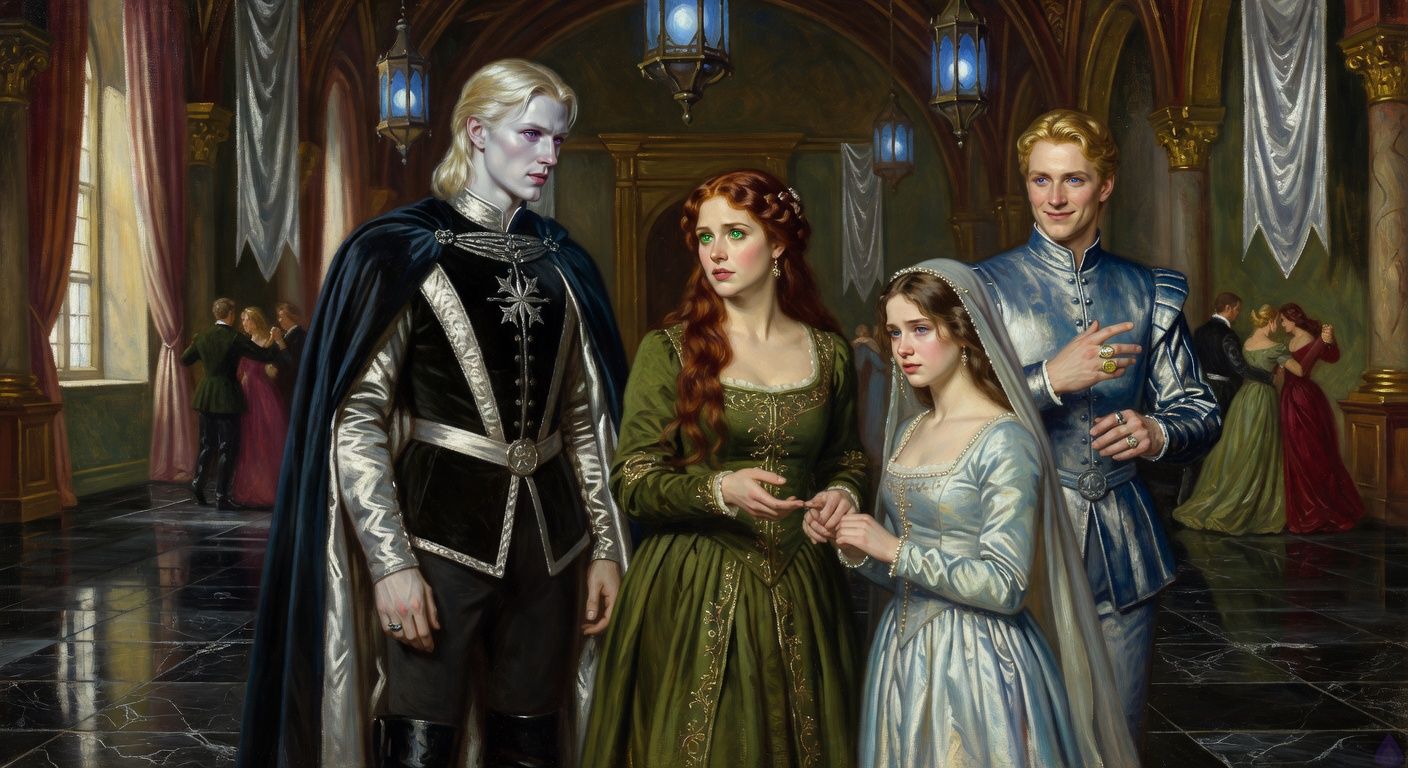 Cinematic romantic court ballroom scene under blue moonlit lanterns, polished black marble floor reflecting silver banners and dancers in elegant medieval-inspired formal wear. Lady Morrigan Lancaster, curvy young woman with long auburn hair in soft courtly twists, emerald eyes, wearing a refined moss-green gown, stands between King Aerion Dayne and Princess Danae. Aerion is tall, lean, pale porcelain skin with silver undertones, platinum blond hair swept back, deep violet eyes, black and silver royal doublet and midnight-blue cloak, restrained but emotionally intense as he looks at Morrigan. Danae is petite and demure in pale blue silk with pearls and veil, visibly composed but quietly hurt, offering Morrigan a trembling hand. Edward Dayne in burgundy velvet watches with a charming calculating smile, turning a signet ring. Mood: tense, romantic, political intrigue, longing and jealousy, elegant PG-13 sensual gaze, no nudity, no explicit content.