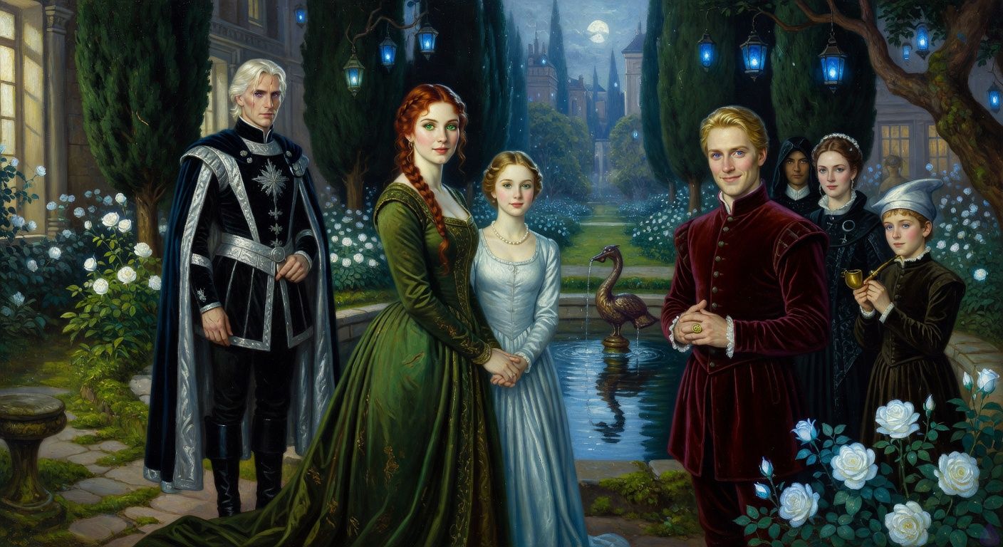 Cinematic moonlit palace garden scene, romantic political intrigue, blue enchanted lanterns hanging from black cypress trees, white thorn roses glowing under moonlight, a reflecting pool at center. Lady Morrigan Lancaster with auburn hair and emerald eyes in a moss-green court gown stands beside petite Princess Danae in pale blue silk and pearls, their hands linked in a tense alliance. King Aerion Dayne, tall and lean with platinum blond hair and violet eyes, watches from nearby in black and silver royal attire, restrained longing and danger in his posture. Edward Dayne in burgundy velvet stands across the pool with a charming but calculating expression, turning a signet ring, a suspicious moon-priest and elegant widowed baroness behind him. A young page with a crooked silver cap holds a pipe near a crane fountain. Mood: high tension, secret romance, courtly conspiracy, luminous blue-silver lighting, elegant body language, emotionally charged but tasteful.
