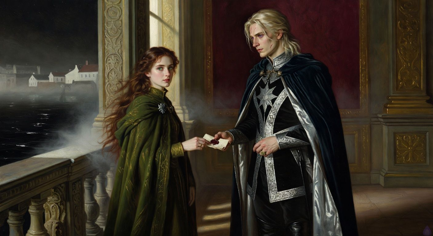 Cinematic romantic period drama scene on a moonlit palace balcony above a misty harbor, a young auburn-haired lady in a moss-green cloak with an enamel wolf pin stands near a carved stone rail facing a tall pale platinum-blond king in a loosened black and silver doublet and midnight cloak. He offers her a small folded parchment with broken burgundy wax. Their hands nearly touch, charged with restrained intimacy and trust. Silver moonlight, sea mist, wind-tossed hair, distant white rooftops and black water below, tense yet tender atmosphere, elegant courtly costumes, expressive violet and emerald eyes, dramatic chiaroscuro lighting, tasteful romantic tension.