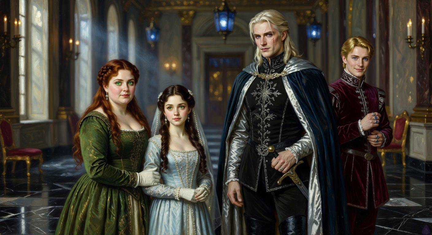 Cinematic romantic court intrigue scene in a moonlit palace corridor opening into a grand ballroom. Lady Morrigan Lancaster, curvy young woman with long auburn hair in soft courtly twists, emerald eyes, and a moss-green gown, holds Princess Danae Loghain's gloved hand reassuringly. Danae is petite and elegant in pale blue silk with pearl embroidery and a translucent veil, looking vulnerable but composed. King Aerion Dayne stands nearby in black and silver royal attire with a midnight-blue cloak, pale platinum hair and violet eyes, his expression cold but emotionally charged as he glances toward Morrigan. Edward Dayne lingers behind in burgundy velvet, charming smile with calculating steel-blue eyes, turning a signet ring. Moody blue lanternlight, silver moonlight, polished black marble, sea mist through arched windows, tension, longing, secrecy, courtly elegance, tasteful romantic intensity.