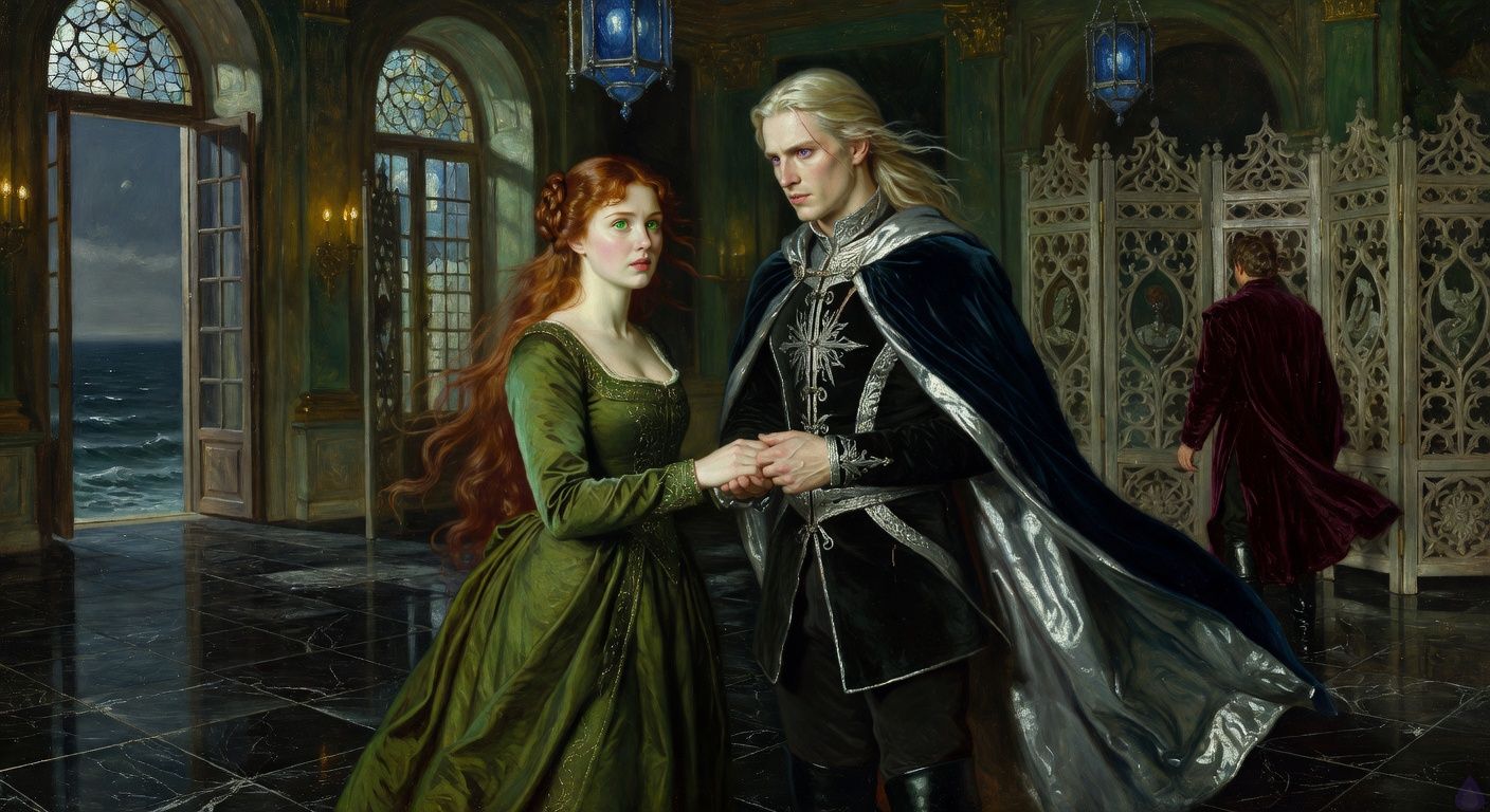 Cinematic romantic court drama scene in a moonlit palace gallery overlooking a dark sea. Lady Morrigan Lancaster, a curvy young woman with long auburn hair pinned in soft courtly twists, emerald green eyes, and a refined moss-green gown, stands close to King Aerion Dayne, a tall lean young king with pale platinum-blond hair, violet eyes, porcelain skin, and a black-and-silver royal doublet with a midnight-blue cloak. They are near a moon-glass window, almost touching hands, tension and concern in their faces. The gallery has black marble floors, carved screens casting lace-like shadows, silver-blue lantern light, open windows with sea wind moving fabric and hair. In the distance, Edward Dayne is partially visible beyond a carved screen in burgundy velvet, approaching suspiciously. Mood: intimate, dangerous, emotionally charged, elegant PG-13 romance, no nudity, no explicit content.
