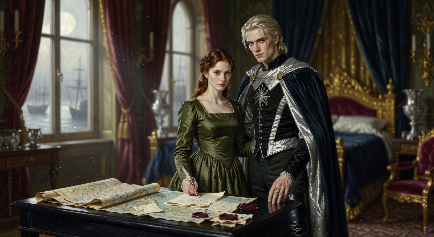 Cinematic romantic intrigue scene in a moonlit royal chamber overlooking a misty harbor. A young auburn-haired lady in a moss-green court gown stands near a severe blackwood desk scattered with maps, letters, and a broken burgundy wax seal. A tall platinum-blond young king in a black and silver doublet stands close beside her, his violet eyes intense, one hand holding a pen above parchment as if planning a dangerous scheme. Midnight-blue bed curtains and silver lamps glow softly in the background. The mood is intimate, tense, and strategic, with restrained passion, lingering closeness, and a sense of forbidden romance under political danger. Tasteful framing, no nudity, no explicit content, elegant historical court atmosphere, salt mist visible beyond tall windows.