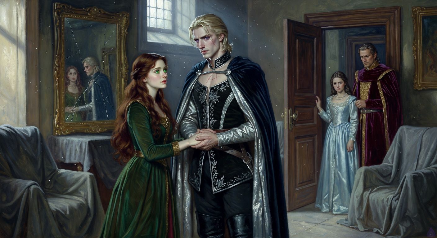 Cinematic romantic court intrigue scene in a dim moonlit palace antechamber, a young auburn-haired lady in an elegant moss-green gown gently intertwining fingers with a tall pale platinum-blond king in a black and silver doublet. Dust motes float in silver moonlight, old furniture covered in gray sheets, a cracked gilded mirror reflecting their tense intimate posture. The king has violet eyes, controlled pain, and restrained longing; the lady’s emerald eyes show warmth and concern. Through a partially open door, a petite princess in pale blue silk and pearls appears worried in the corridor while a calculating nobleman in burgundy velvet stands behind her. Mood: secretive, romantic tension, courtly danger, soft blue shadows, tasteful emotional intimacy.