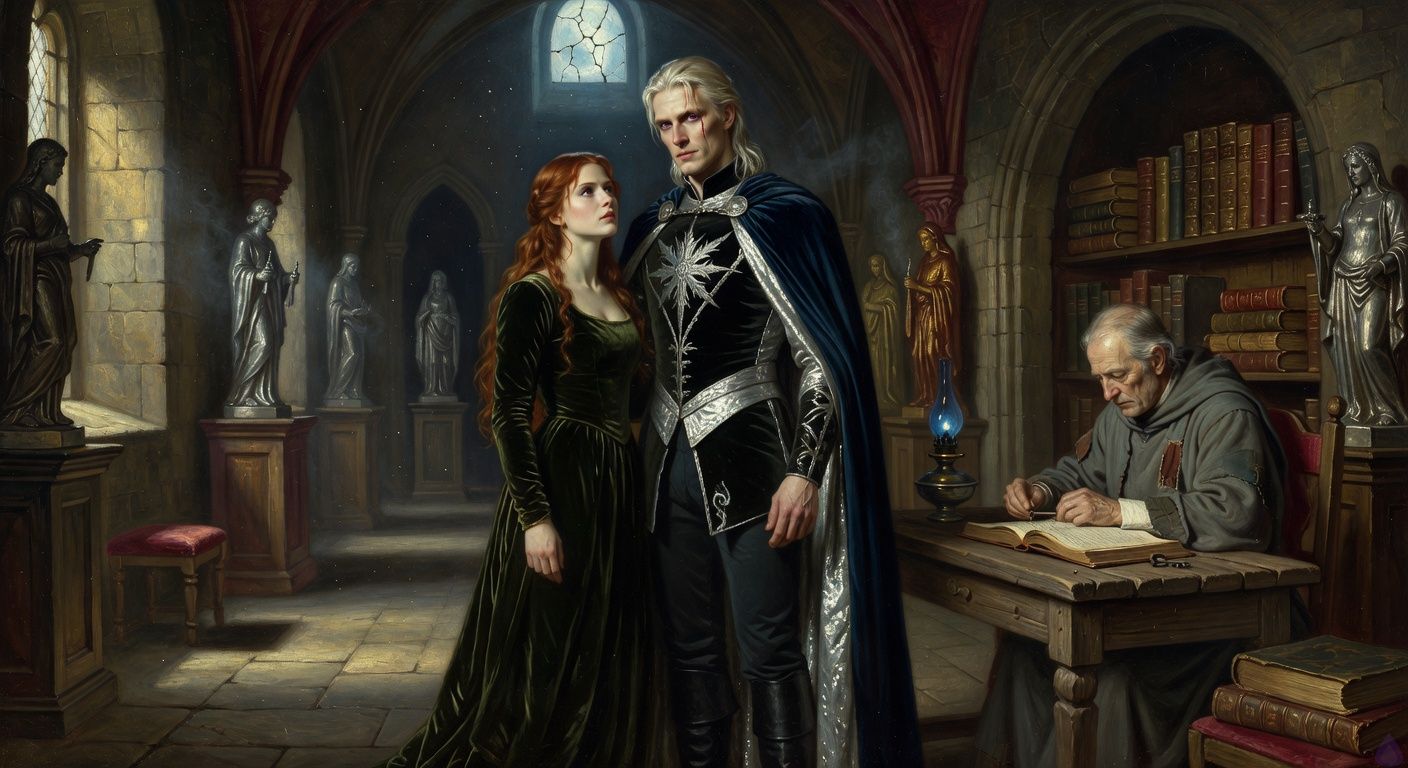 Cinematic gothic palace chapel at night, moonlight pouring through a cracked oculus onto silver saints and shelves of ancient ledgers, a fierce auburn-haired young lady in a moss-green gown standing protectively before a tall pale platinum-blond king in black and silver, her posture defiant and protective, his violet-eyed expression haunted and restrained. An elderly priest in patched gray robes sits in the sacristy doorway beside a blue lamp and an open ledger, sliding a small iron key across a desk. Mood tense, romantic, conspiratorial, high-stakes court intrigue, blue-silver lighting, dust motes, candle smoke, dramatic shadows, emotionally charged but tasteful.