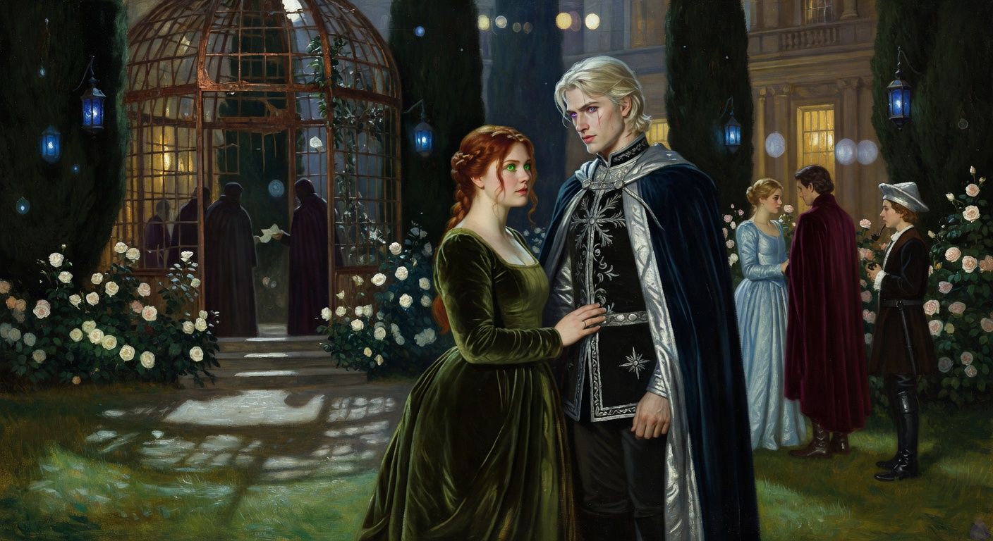 Cinematic moonlit royal garden at night, blue enchanted lanterns glowing among black cypress trees and white thorn roses. Lady Morrigan Lancaster, auburn hair half-pinned, emerald eyes, curvy figure in a moss-green court gown, stands close to King Aerion Dayne, tall lean man with pale platinum hair and violet eyes in black and silver royal attire. They appear like secret lovers near a ruined copper aviary, his hand hovering at her waist, her face tilted toward him with tense intelligence. In the background, shadowy conspirators exchange a note inside the broken aviary, while distant courtiers, Princess Danae in pale blue silk, Edward in burgundy velvet, and a young page with a crooked silver cap and pipe are visible through roses and lantern haze. Mood: romantic tension, political danger, secrecy, moonlit suspense, elegant historical court intrigue, tasteful and dramatic.