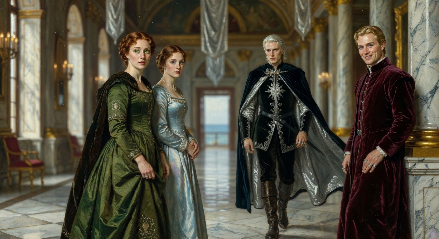 Cinematic romantic historical court scene in a grand seaside palace hall with silver banners, marble floors, and morning light pouring through tall arched windows. In the foreground, Lady Morrigan Lancaster stands behind Princess Danae, auburn hair pinned in soft courtly twists, emerald eyes startled, wearing an elegant moss-green court gown with subtle Lancaster details. Across the hall, King Aerion Dayne enters in a black and silver royal doublet and midnight-blue cloak, pale platinum hair swept back, violet eyes locked on Morrigan with a restrained, intense recognition. Danae appears poised and delicate in pale blue silk and pearls, unaware but tense. Edward Dayne watches from the side in burgundy velvet with a calculating smile. Mood: charged secrecy, forbidden recognition, courtly tension, moonlit romance carried into daylight, tasteful sensual gaze, no explicit content.