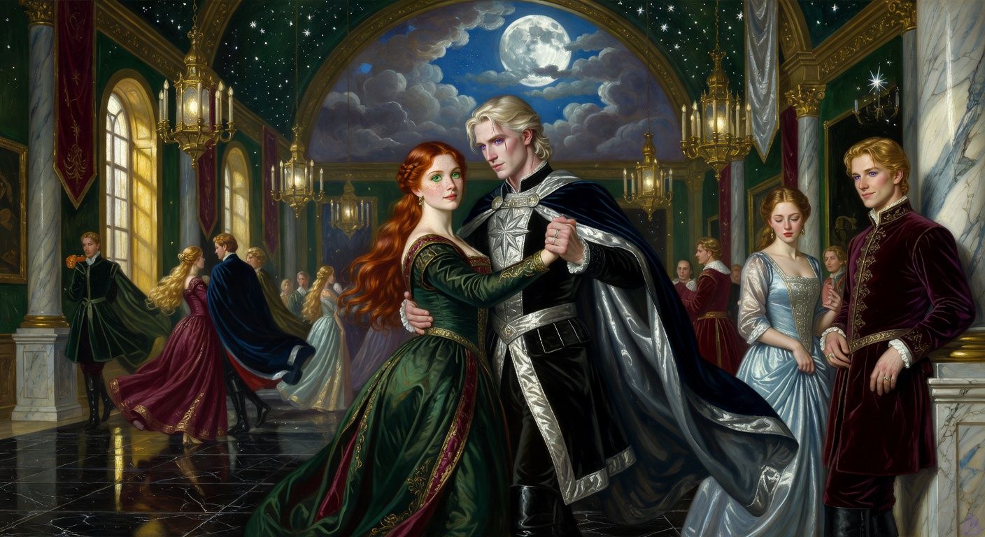 Cinematic royal ballroom at night under a vaulted ceiling painted with clouds and a silver moon, tiers of glowing lanterns like captured stars, polished black marble floor reflecting silk gowns and silver banners. Lady Morrigan Lancaster, a young woman with long auburn hair pinned in soft courtly twists, emerald eyes, fair freckled skin, and a curvy figure in an elegant court gown, dances with King Aerion Dayne, a tall lean young king with pale platinum blond hair, deep violet eyes, porcelain skin, and a black and silver royal doublet with a midnight-blue cloak. Their hands are intertwined in a formal dance, their bodies close but proper, sharing a charged, intimate gaze. Around them courtiers blur in motion, while Princess Danae in pale blue silk watches from the side with quiet hurt, and Edward Dayne in burgundy velvet observes with a calculating smile. Romantic tension, political intrigue, moonlit silver-blue lighting, tasteful sensual atmosphere, no explicit nudity.
