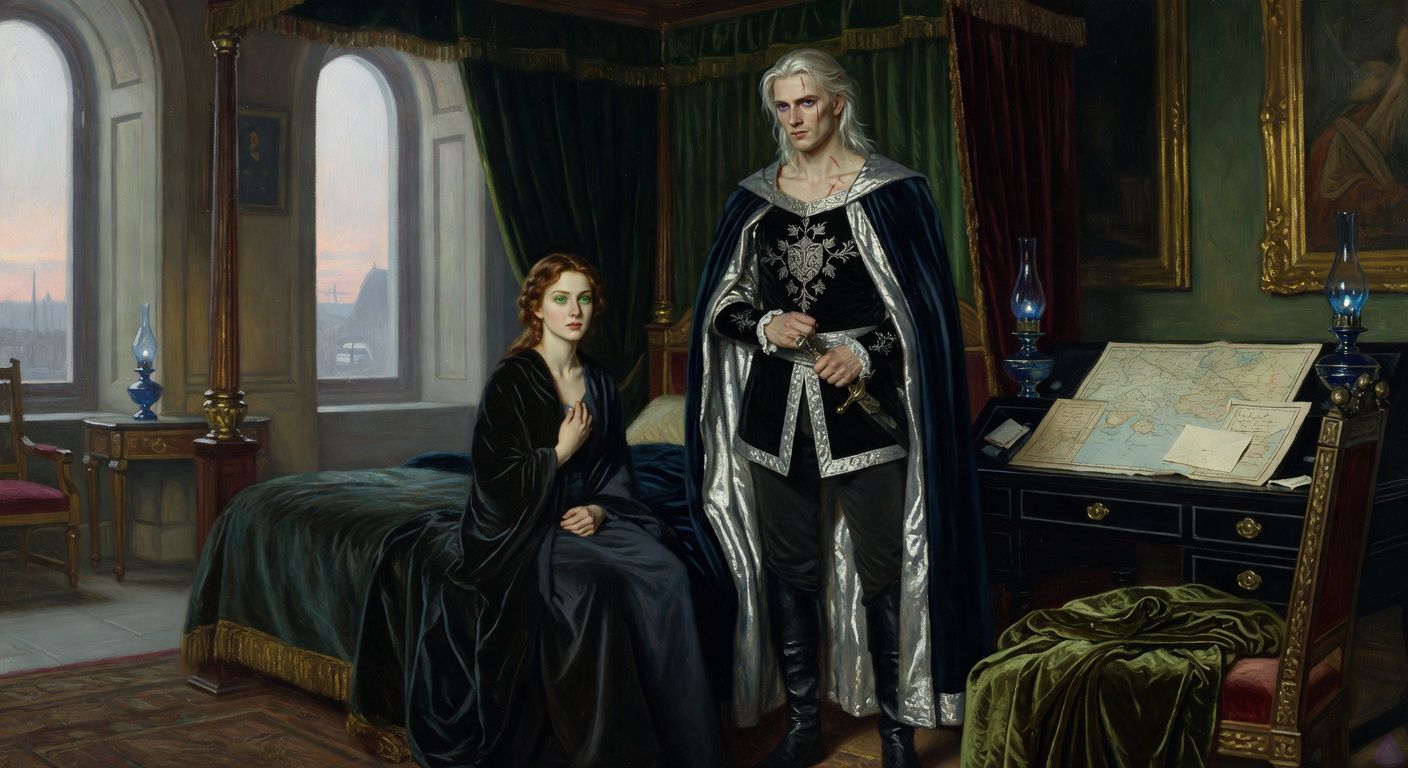 Cinematic romantic dawn scene in a royal chamber overlooking a misty harbor, PG-13 tasteful intimacy. A young auburn-haired lady with emerald eyes sits partly concealed beneath a dark midnight coverlet, startled and vulnerable but composed, while a tall pale platinum-haired king with violet eyes stands nearby in a hastily pulled robe, tense and protective. Blue oil lamps burn low, silver dawn light enters through tall windows, maps and a crumpled letter rest on a blackwood desk, a folded moss-green gown lies neatly on a chair. Mood of forbidden romance, danger, political scandal, and emotional urgency. No nudity, no explicit content, elegant historical court atmosphere, dramatic lighting, intimate but tasteful framing.