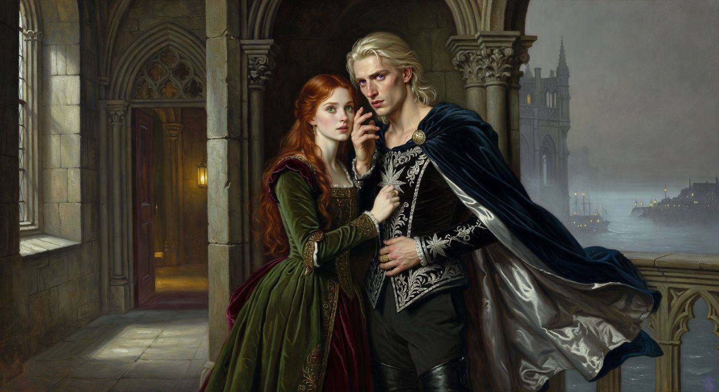 Cinematic moonlit royal balcony scene at midnight, a young auburn-haired lady in a moss-green court gown partly hidden in a narrow stone alcove with a tall pale platinum-blond king in black and silver court dress. The sea and harbor glow below in silver mist, lantern light spilling faintly from an open palace door. Their bodies are close but tasteful, faces near after an intense forbidden kiss, his hand near her cheek, her fingers gripping the embroidered front of his doublet. Mood is romantic, dangerous, secretive, emotionally charged. Gothic palace architecture, carved stone balustrade, wind-tossed cloak, moonlight on violet eyes and emerald eyes, painterly cinematic romance framing, no explicit nudity.