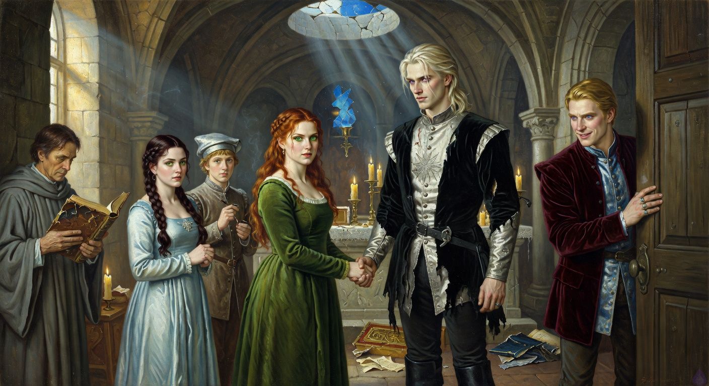 Cinematic romantic political drama in an old moonlit chapel beneath a palace, blue lamp light and silver moonbeams falling through a cracked oculus. Lady Morrigan Lancaster, auburn hair half-loose, emerald eyes fierce, curvy figure in a moss-green court gown, stands at the altar holding hands with King Aerion Dayne, tall lean young man with pale platinum hair, violet eyes, black and silver royal attire slightly disheveled. Princess Danae Loghain in pale blue silk and pearls stands beside them as witness, graceful but wounded, chin lifted with solemn resolve. An old priest in gray robes opens an ancient chapel book, while Edward Dayne in burgundy velvet stands halted in the doorway, calculating and furious. A young page with a crooked silver cap clutches a pipe behind Danae. Mood intense, romantic, dangerous, candle smoke, old records, broken reliquary, sacred atmosphere, political intrigue, tasteful emotional tension, no explicit content.