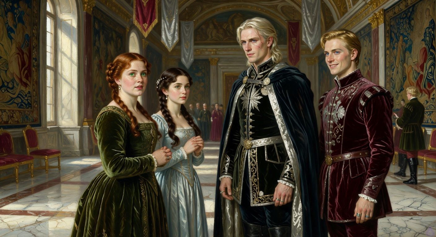 Cinematic royal court scene in a seaside palace hall, silver banners and shell-inlaid marble floors glowing under pale morning light. Lady Morrigan Lancaster, a curvy young woman with auburn hair pinned in soft courtly twists, emerald eyes, fair freckled skin, and a moss-green court gown, rises from a graceful curtsy beside Princess Danae Loghain, a petite brunette princess in pale blue silk and pearls. King Aerion Dayne stands before them in black and silver royal attire with a midnight-blue cloak, pale platinum hair, violet eyes, controlled posture, and a cold public mask barely hiding private recognition. Edward Dayne in burgundy velvet watches Morrigan from the side with a charming calculating smile. Mood of restrained romantic tension, political intrigue, secret recognition, elegant body language, tasteful historical romance framing, dramatic morning light and shadows.