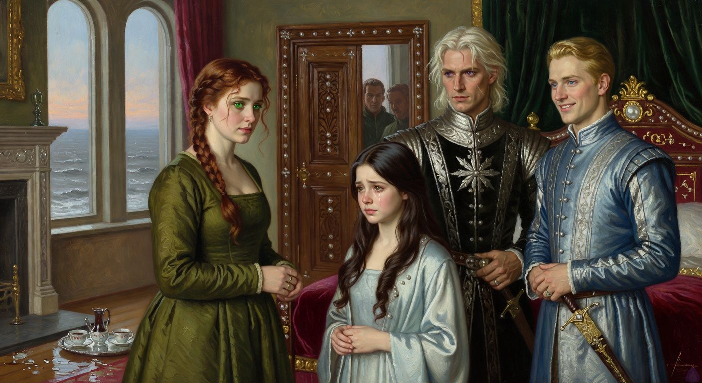 Cinematic romantic court drama scene in a pearl-inlaid royal bedchamber at dawn. Lady Morrigan Lancaster, auburn hair partly loosened, emerald eyes, curvy figure in a slightly rumpled moss-green court gown, stands facing Princess Danae Loghain, petite and elegant with unbound dark brown hair and a pale pearl-sewn morning wrapper. Danae’s face is hurt but composed, tears shining as she lifts her chin with quiet dignity. Morning light washes through tall windows overlooking a gray sea, spilled rosewater glints near the hearth, untouched chocolate sits on a tray. Beyond the closed carved door, the implied silhouettes of King Aerion Dayne and Edward Dayne wait in political tension. Mood intimate, painful, restrained, emotionally charged, tasteful historical romance, soft blue-gray dawn lighting, expressive body language, no explicit content.