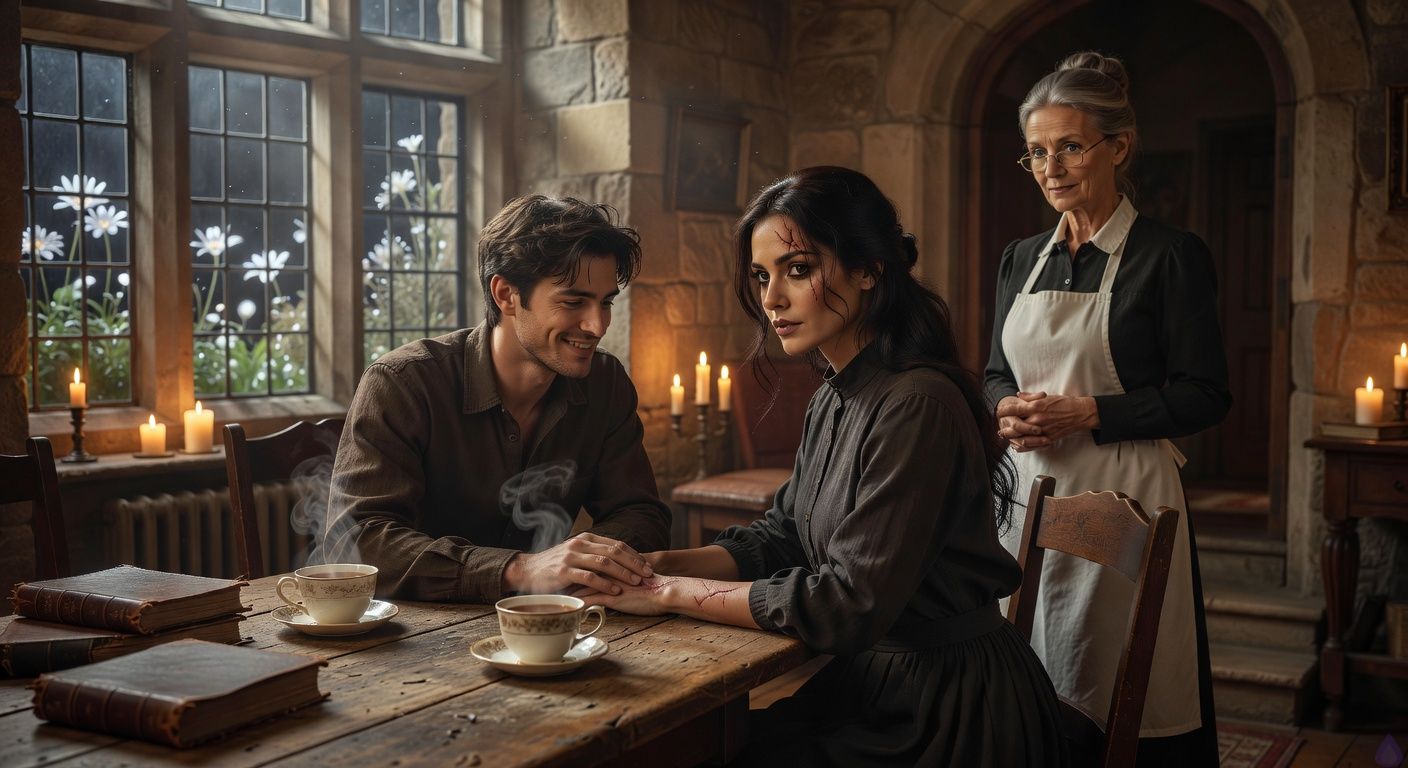 Intimate midnight study in an ancient manor, candlelit warmth casting golden flickers on leather journals and steaming teacups on a scarred oak table. Protagonist Aedan, tousled dark hair, leans close with gentle smile, hand tenderly touching Elena's scarred palm across the table. Elena, tall graceful woman with dark winter-night eyes and a prominent scar across her eye, gazes back with vulnerable warmth, loose raven hair framing her face. Mrs. Hargrove stands protectively nearby, gray bun slightly loosened, stern yet softening expression. Moonlight through leaded windows bathes the scene in silver glow from glowing midnight garden blooms outside, romantic tension in their intertwined hands and sensual gaze, cinematic romance framing with soft shadows and emotional intimacy.