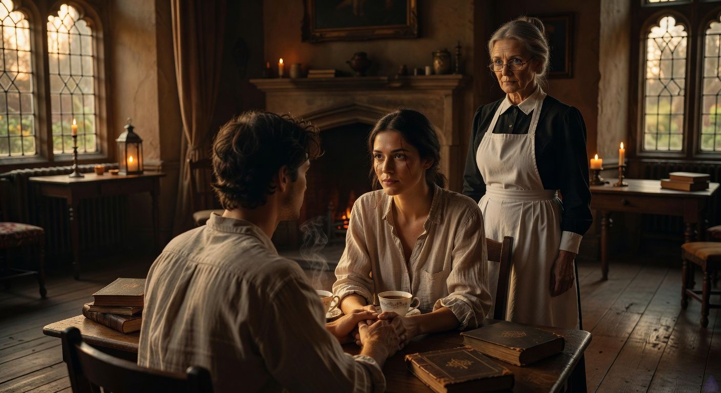 Intimate dawn-lit study in an ancient manor, soft golden light filtering through leaded glass windows casting long shadows on wooden floors and scattered journals. Protagonist Aedan, tousled dark hair, sits close to Elena the tall graceful gardener with a scar across her eye, their hands intertwined gently on a table with cooling teacups, her dark eyes meeting his in a moment of quiet reassurance and growing attraction. Mrs. Hargrove stands subtly in the background near a flickering hearth, gray bun slightly loosened, protective expression. Atmosphere of tender romance and budding trust amid gothic mystery, warm candle remnants and silver garden glow reflecting faintly outside, cinematic close-up framing their sensual gaze and subtle embrace, tasteful and evocative.