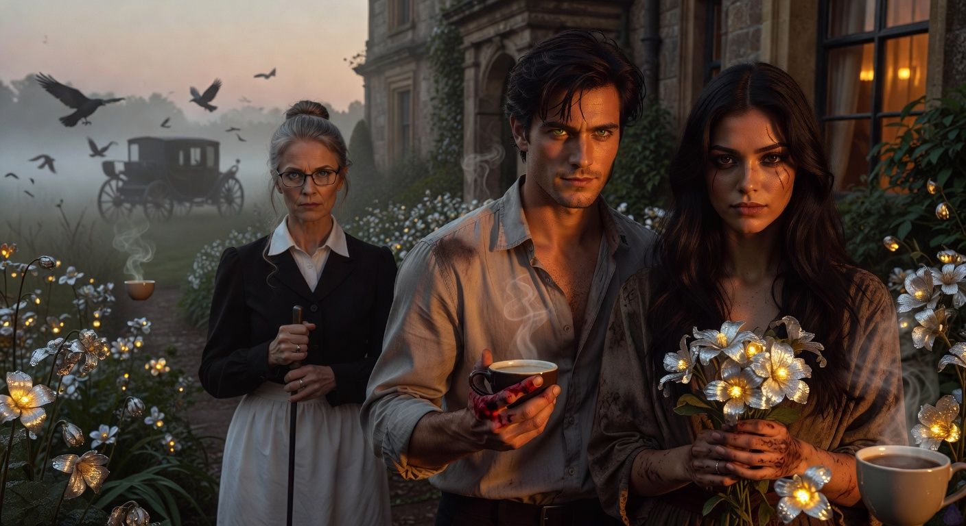 Cinematic dawn scene at Thornfield Estate's garden: protagonist Aedan Montague stands resolute with tousled dark hair and bloodied palm, beside tall graceful Elena Vasquez with scar across her eye and dark winter-night eyes, stern Mrs. Hargrove with loosened gray bun gripping a poker; misty garden with silver-gold midnight blooms curling shut, ravens fleeing, ominous black coach retreating into fog-shrouded fens; tense atmosphere of rising magical tension, warm golden dawn light contrasting cold shadows, body language protective and united, intimate camaraderie in the face of threat, romantic undertones in their close proximity.