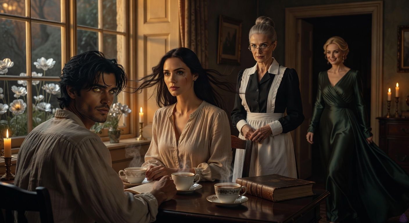 Cinematic close-up in a dimly lit Victorian study at midnight, warm candlelight flickering on antique journals and steaming teacups on a wooden table. Protagonist Aedan, handsome rebellious young man with tousled dark hair and intense eyes, shares a sensual gaze with tall graceful Elena, her dark hair windswept, scar across her eye catching silver moonlight from glowing garden window behind. Mrs. Hargrove stands tense in shadows, stern elderly woman with gray bun. Lady Louisa enters dramatically, elegant blonde high-society woman in flowing gown, saccharine smile masking intrigue. Atmosphere of romantic tension and looming mystery, moonlight blooming silver flowers visible through window, intimate framing with soft glow on faces, moody romantic film style like gothic romance.
