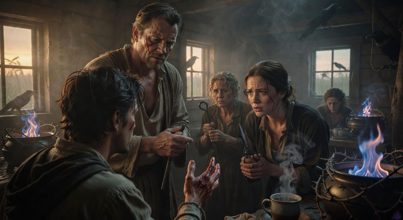 Cinematic close-up in a misty fen hovel at dawn: protagonist Aedan, tousled dark hair, bloodied palm extended in empathy toward towering Warrick with matching scar across cheek, cauldrons bubbling blue flames and writhing thorns in background, Elena tense with shears nearby, Mrs Hargrove gripping poker, Louisa huddled in shadows with matted blonde curls; moody lighting with golden dawn shafts piercing thick smoke, intense emotional faces showing raw grief and fragile connection, romantic tension in Elena's sensual gaze on Aedan, atmospheric fog and raven silhouettes, intimate yet tense confrontation.
