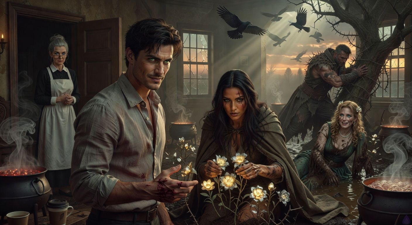 Cinematic midnight scene in Blackmoor Fens bolt-hole: protagonist Aedan Montague, tousled dark hair and bloodied palm, stands resolute amid chaos with tall graceful Elena Vasquez (scar across eye, dark winter-night eyes), stern Mrs. Hargrove (loosened gray bun), Lady Louisa Williams sinking into black mud (blonde curls matted), hulking Warrick pinned by thorns; glowing silver-gold midnight blooms twist from ground, ravens wheel overhead, acrid smoke from cauldrons, tense romantic intensity in gazes, dramatic dawn lighting piercing mist, passionate defiance and fear in body language, immersive fantasy romance atmosphere.