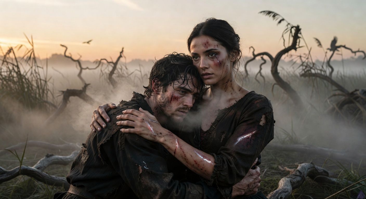 Cinematic close-up in a misty fen at dawn: protagonist Aedan, tousled dark hair matted with mud, leans into Elena's protective embrace, her tall graceful form with scar across her eye, dark eyes intense and comforting, both bloodied and weary from battle, silver sap glowing faintly on wounds, background Blackmoor Fens with twisted reeds and swirling fog, ravens circling overhead, moody romantic tension with soft golden light piercing the mist, intimate body language of support and growing attraction, tasteful sensual gaze between them, PG-13 atmospheric romance.