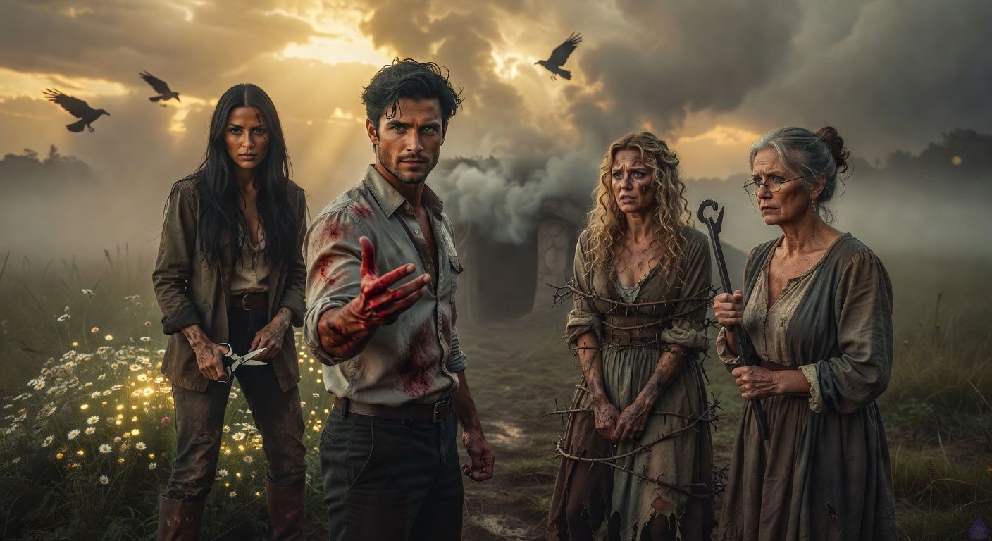 Cinematic wide shot in misty Blackmoor Fens at dawn: protagonist Aedan Montague, tousled dark hair, bloodied palm, stands boldly confronting blonde Louisa Williams bound in thorns, her curls matted with mud, expression defiant yet terrified. Elena Vasquez with scar across eye protects at his side, shears in hand. Mrs. Hargrove with loosened gray bun grips poker. Smoky bolt-hole in background, ravens circling under stormy sky. Mood tense, atmospheric fog, golden dawn light piercing mist, body language confrontational with protective stances, emotional intensity of revelation and threat.