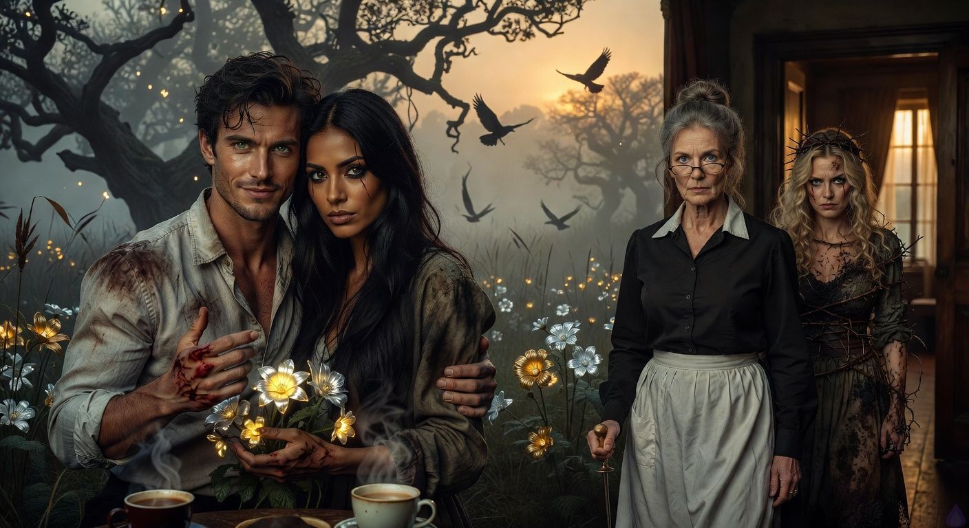Cinematic close-up in a misty Blackmoor Fens at dusk: protagonist Aedan Montague, tousled dark hair and bloodied palm, leaning into Elena Vasquez's supportive embrace, her tall graceful figure with scar across her eye and dark winter-night eyes gazing intently with growing attraction. Mrs. Hargrove leads with poker in hand, gray bun loosened; Lady Louisa trails bound by thorns, blonde curls matted in mud, hostile expression. Midnight blooms glow silver-gold amid twisted oaks and reeds, ravens circling overhead. Mood of tense intimacy and rising peril, warm golden dusk light piercing heavy mist, sensual gaze between Aedan and Elena, body language protective and intertwined, atmospheric fog and ethereal flower glow, romantic tension in a gothic fen landscape.