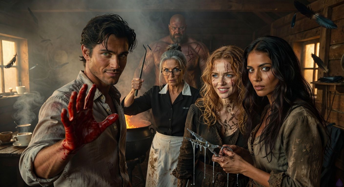 Cinematic close-up in a misty fen hovel at dawn, moody low golden light filtering through smoke and raven feathers. Protagonist Aedan Montague, tousled dark hair, bloodied palm extended boldly confronting Lady Louisa Williams, blonde curls matted with mud, saccharine smile cracking to rage, eyes emerald knives. Elena Vasquez tall graceful with scar across eye, shears dripping silver sap in hand. Mrs. Hargrove stern with loosened gray bun, poker raised. Warrick's massive scarred figure looming in background shadows. Tense romantic tension, intimate confrontation, atmospheric fog and glowing cauldron flames, dramatic shadows, sensual gaze between Aedan and Elena, tasteful PG-13 intensity.