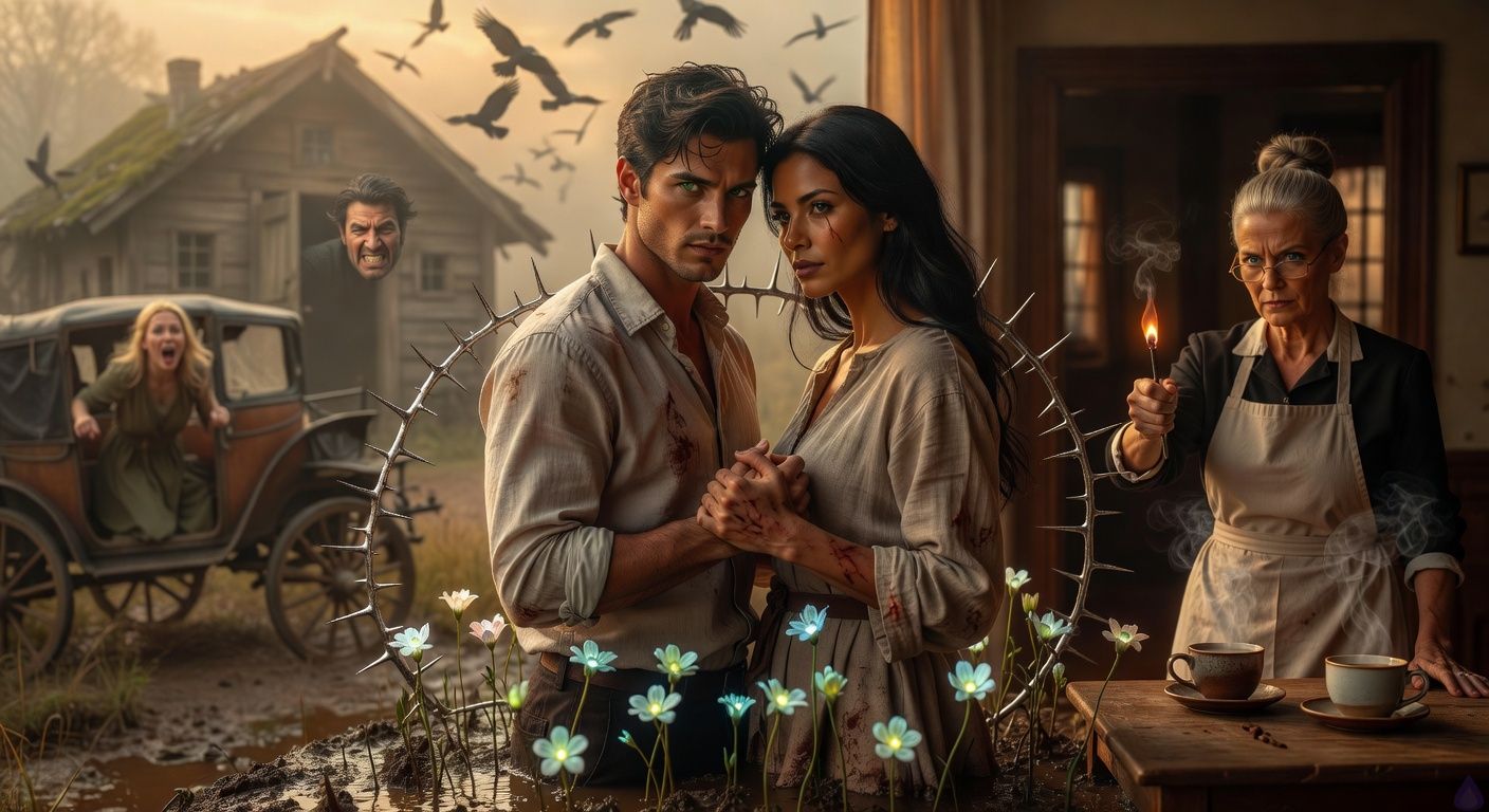 Cinematic dawn in misty Blackmoor Fens: protagonist Aedan Montague stands resolute beside tall graceful Elena Vasquez with scar across her eye, their hands linked in blood oath, silver thorns erupting from bog mud shielding them. Stern Mrs. Hargrove thrusts glowing poker. Looming antagonist Warrick snarls from hovel door, ravens swarming black sky. Blonde Lady Louisa shrieks from tilted carriage. Moody low golden light piercing fog, tense body language, protective stances, atmosphere of magical confrontation and rising peril, romantic tension in protagonists' intertwined gazes, dramatic fantasy romance film style.