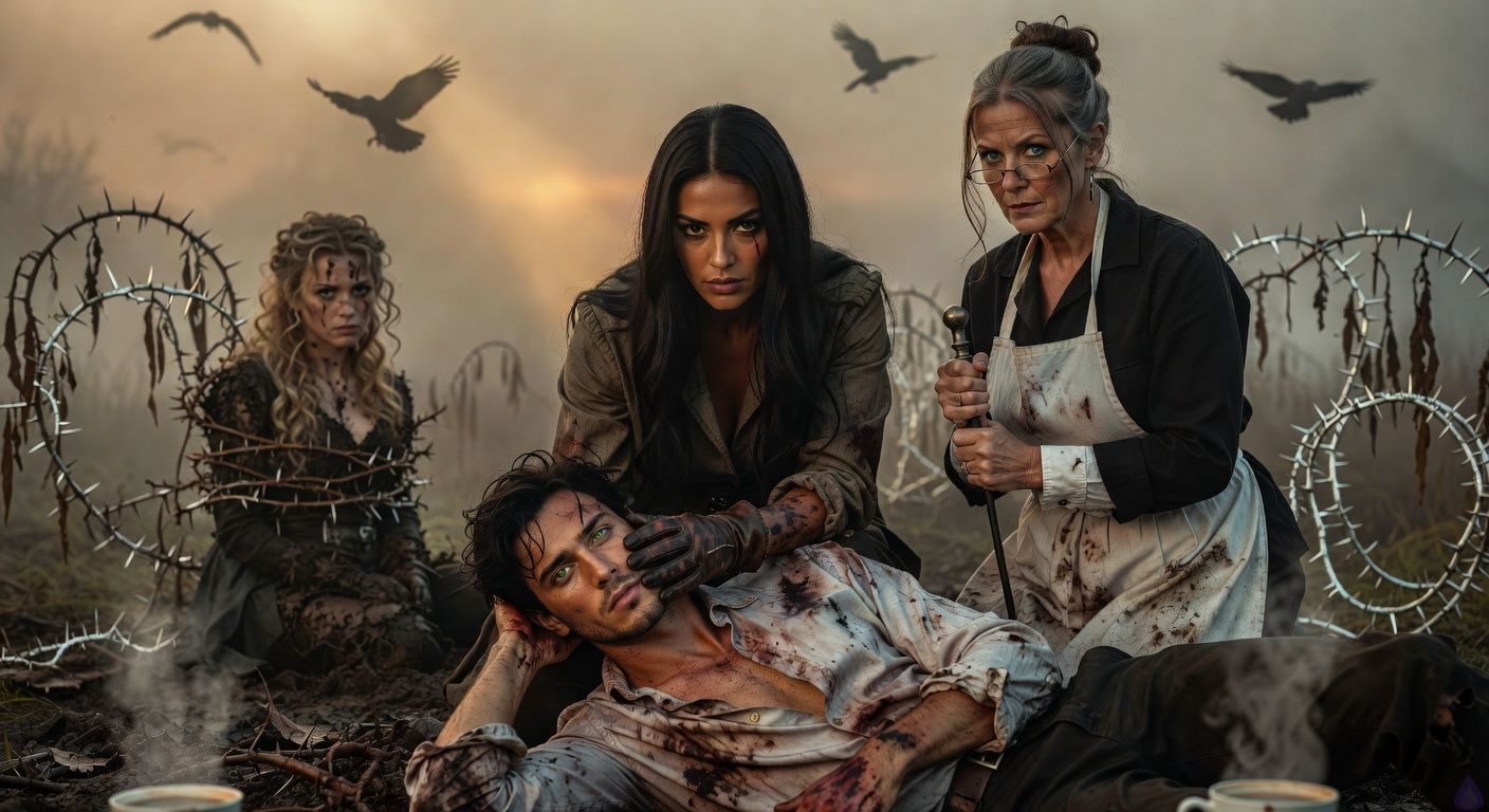 Cinematic wide shot in a misty Blackmoor Fens at dawn, protagonist Aedan Montague collapsed in dark muddy ground surrounded by wilting silver-glowing thorns, tousled dark hair matted with blood and mud, bloodied palm visible; Elena Vasquez kneels beside him tenderly touching his face, tall graceful figure with scar across her eye, dark eyes filled with concern and growing affection, leather gloves dirtied; Mrs. Hargrove stands protectively nearby holding a poker, gray bun loosened, stern protective expression; Lady Louisa bound with vines in the background, blonde curls matted in mud, defeated glare; ravens circling in foggy sky, atmosphere tense yet intimate with romantic tension between Aedan and Elena, soft golden dawn light piercing mist, moody romantic fantasy style like a gothic romance film still, earthy tones with silver highlights on thorns.