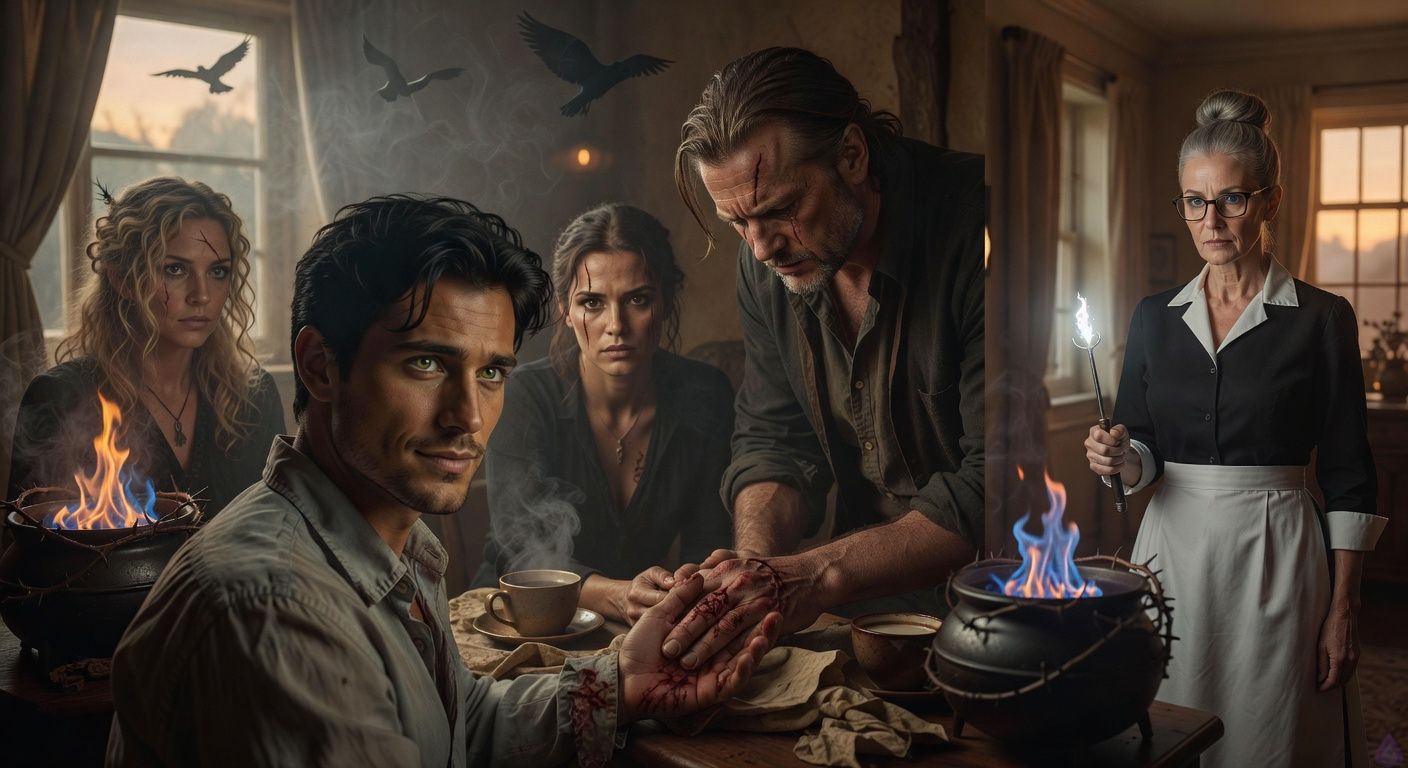 Cinematic close-up in a dimly lit, smoky fen hovel at dawn: protagonist Aedan Montague extending a gentle hand to towering Warrick, their scarred palms clasping in tentative connection, Elena watching with intense dark eyes and scar across her brow, Mrs. Hargrove holding a glowing poker nearby, Lady Louisa in the shadows with muddied blonde curls, cauldrons bubbling blue flames with twisting thorns, misty light filtering through crooked windows, mood of raw empathy and fragile truce, tense body language with bowed shoulders and tear-streaked faces, romantic undertones in the soft hand clasp, atmospheric tension with raven silhouettes overhead, rich earthy tones and silver glows from magical sap.