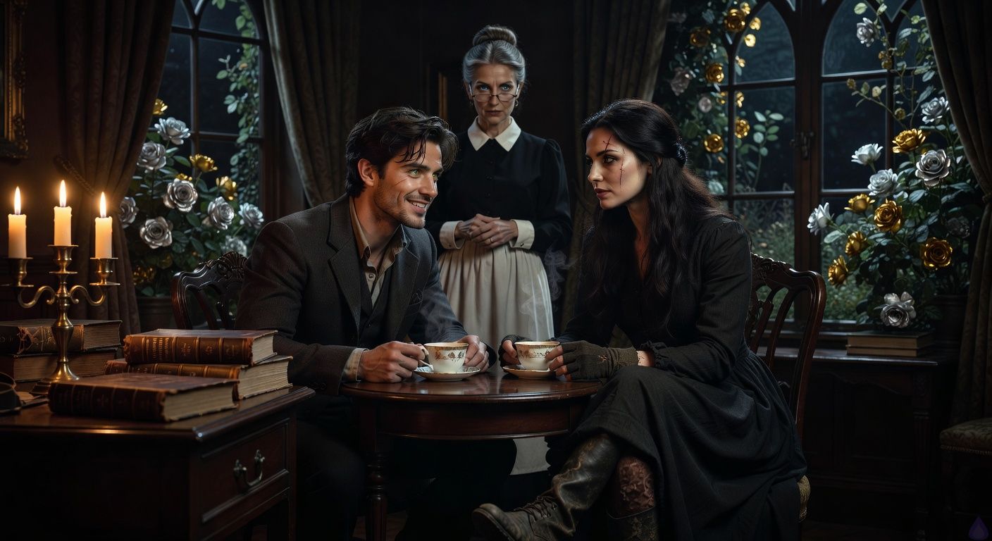 Cinematic close-up in a dimly lit Victorian study at midnight, warm candlelight casting golden flickers on leather-bound journals scattered on a wooden desk. Protagonist Aedan, handsome rebellious young man with tousled dark hair and intense eyes, smiles warmly across a small tea table at Elena, tall graceful woman with raven hair loose, a prominent scar across her left eye, dark winter-night eyes locking with sensual gaze, wearing mud-kissed boots and gloves, steam rising from porcelain teacups. Mrs. Hargrove stands tense in background shadows, stern elderly woman with gray bun. Moonlit garden blooms glowing silver-gold visible through window, romantic tension in body language, intimate eye contact, atmosphere of budding connection and subtle mystery, film noir romance style, soft focus on faces, high contrast lighting.