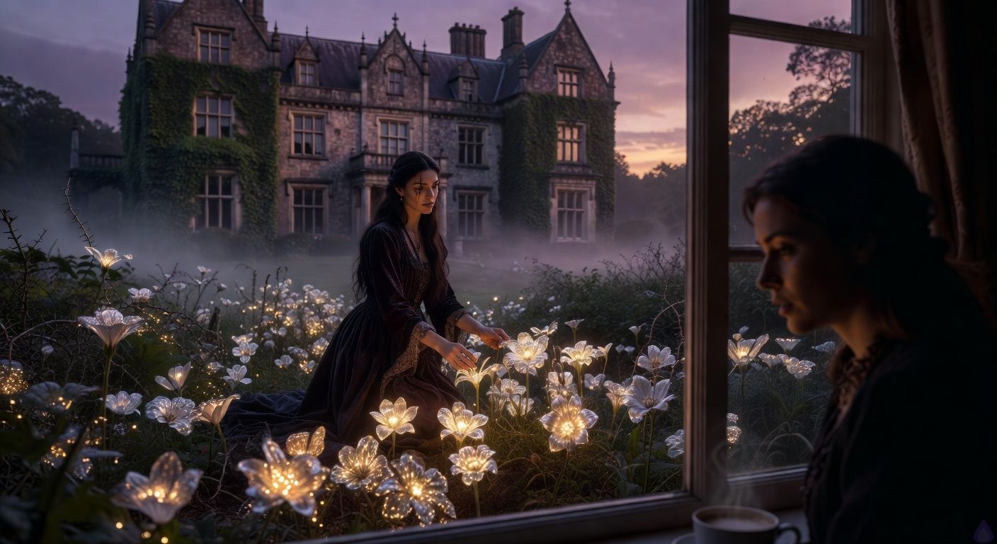Cinematic wide shot of a gothic manor estate at twilight, Thornfield's ivy-covered stone facade bathed in soft purple dusk light, a wild thorny garden in the foreground glowing with ethereal silver and gold midnight flowers blooming impossibly bright against the dark. In the garden's heart, a tall graceful woman with dark hair and a scar across one eye kneels tending the luminous blooms, her posture elegant yet mysterious, lit by the flowers' otherworldly glow. Foreground shows the protagonist's silhouette at an upstairs window, gazing down intently with intrigued expression, atmosphere of romantic mystery and forbidden allure, misty fog rolling in, high contrast lighting like a gothic romance film.