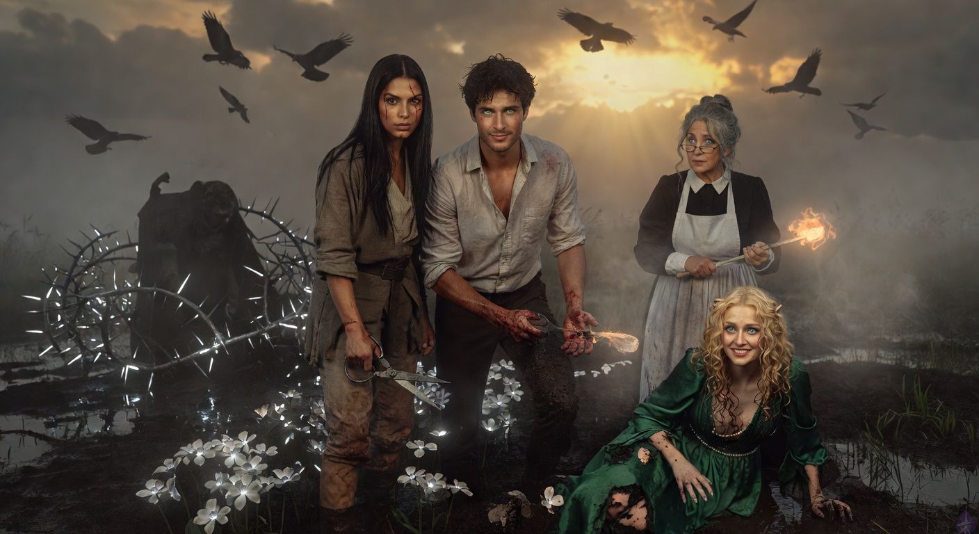 Dramatic cinematic scene in misty Blackmoor Fens at dawn: protagonist Aedan Montague, tousled dark hair and bloodied palm, stands firm amid thrashing silver-glowing thorns erupting from black bog mud; Elena Vasquez, tall graceful with scar across eye, grips shears protectively at his side; stern Mrs. Hargrove with loosened gray bun wields glowing poker; Lady Louisa Williams, blonde curls matted, sinking into mire with desperate expression; Warrick's massive shadowed form engulfed by thorns, ravens wheeling in stormy sky; moody golden dawn light piercing fog, intense tension, romantic protective intimacy between Aedan and Elena, high fantasy atmosphere with magical glows and mist.