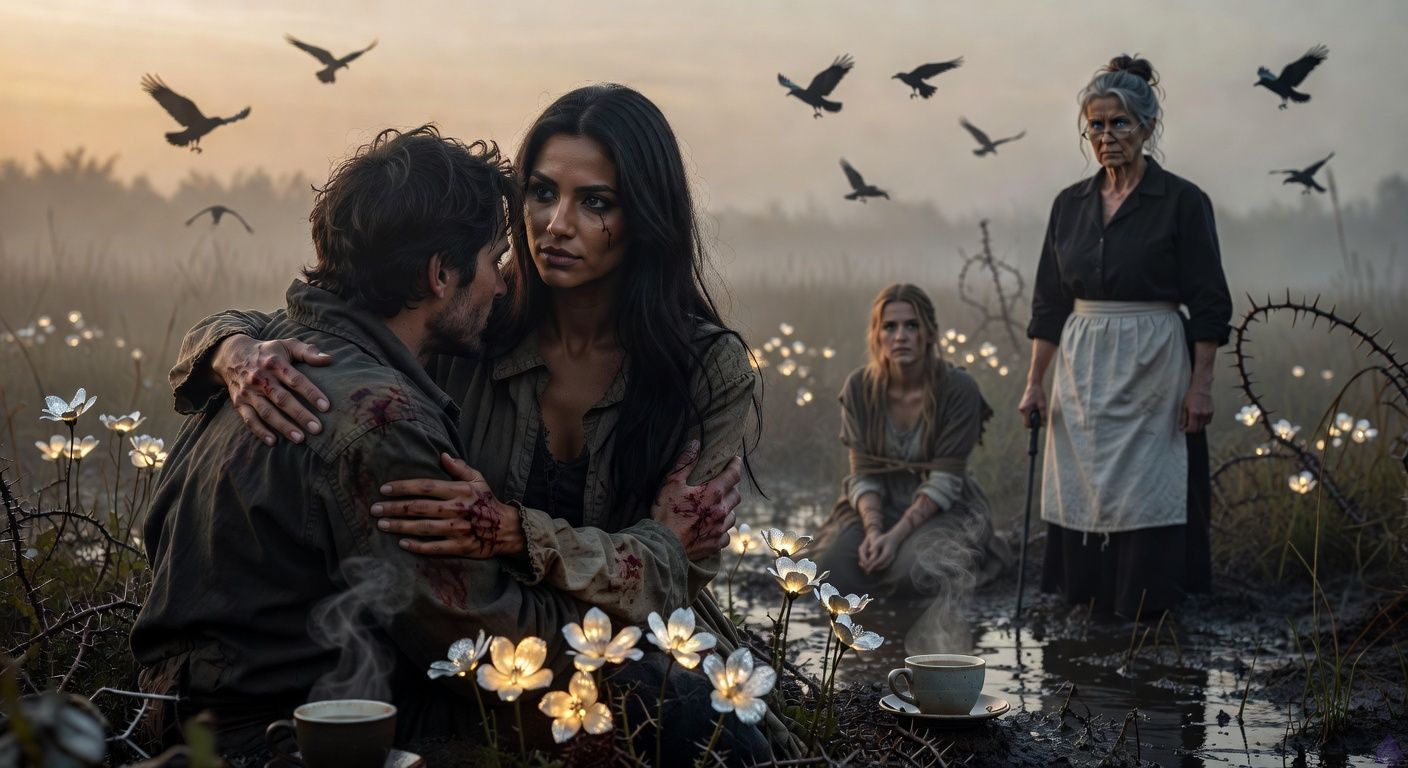 Cinematic scene in misty Blackmoor Fens at dawn: protagonist Aedan, tousled dark hair and bloodied palm, leans into tall graceful Elena Vasquez with scar across her eye, her dark winter-night eyes gazing tenderly, their hands intertwined intimately, supportive embrace amid thorny vines and bubbling bog mud, Mrs. Hargrove stern in background with loosened gray bun holding poker, bound blonde Louisa in rags nearby, ravens circling overhead, moody silver-gold lighting from glowing midnight blooms fading in mist, atmosphere of romantic tension, exhaustion, and quiet reassurance, intimate close-up framing faces and hands, tasteful sensual gaze between lovers, PG-13 romantic film style.