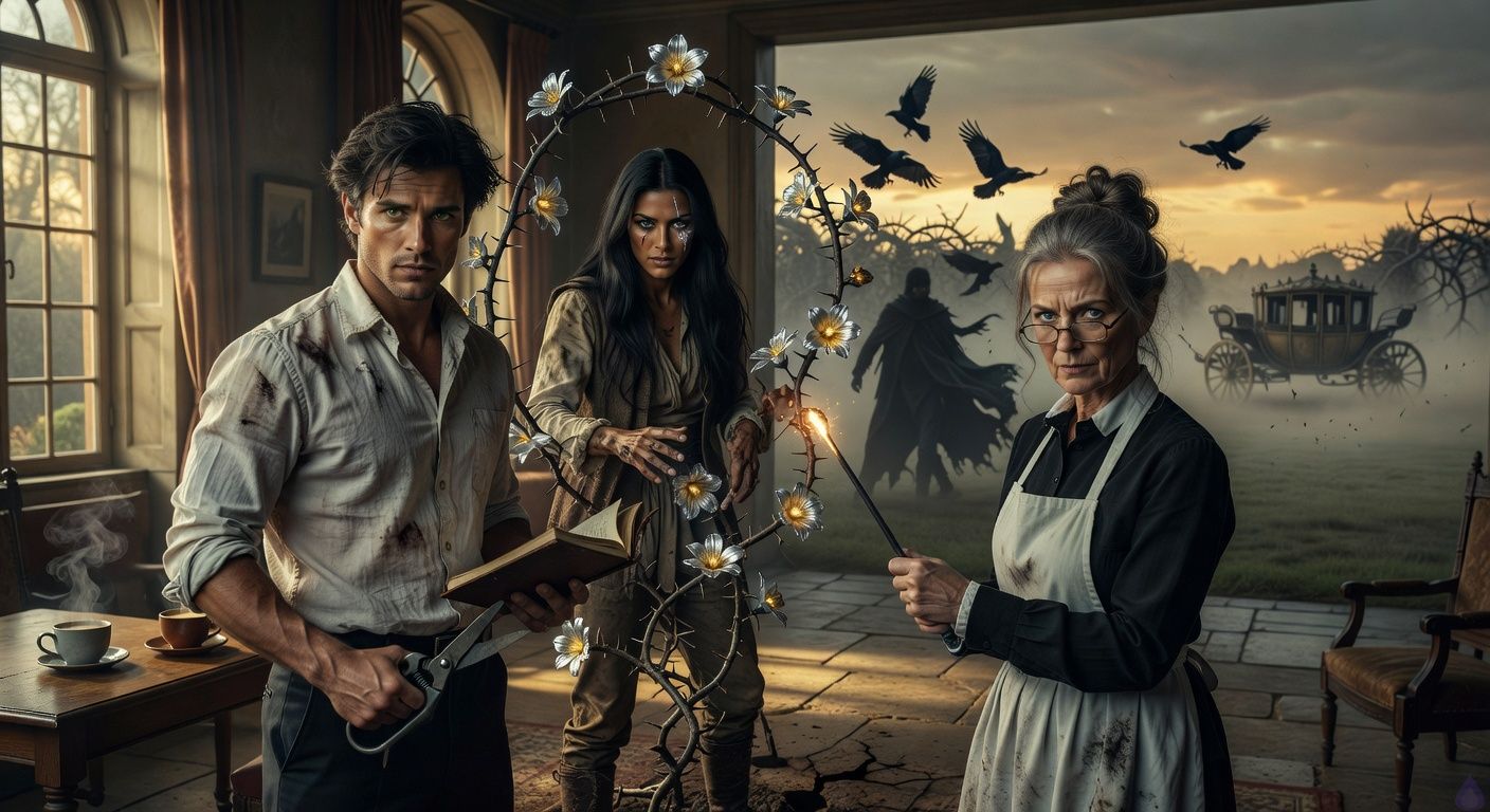 Cinematic dawn scene at Thornfield Estate: protagonist Aedan Montague stands firm in foreground, tousled dark hair wind-tossed, gripping shears and journal with intense determination; tall Elena Vasquez beside him, scar across eye glowing silver in magical light, sensual gaze locked protectively; stern Mrs. Hargrove thrusts glowing poker forward, gray bun unraveling dramatically; massive thorn vines erupt from earth forming protective shield, silver-gold midnight blooms pulsing ethereally; menacing Warrick looms in background, retreating amid exploding ravens; Lady Louisa's carriage flees in misty distance; moody golden dawn lighting with dramatic shadows, romantic tension in intertwined hands, atmosphere of rising magical power and intimate alliance, film noir romance style.