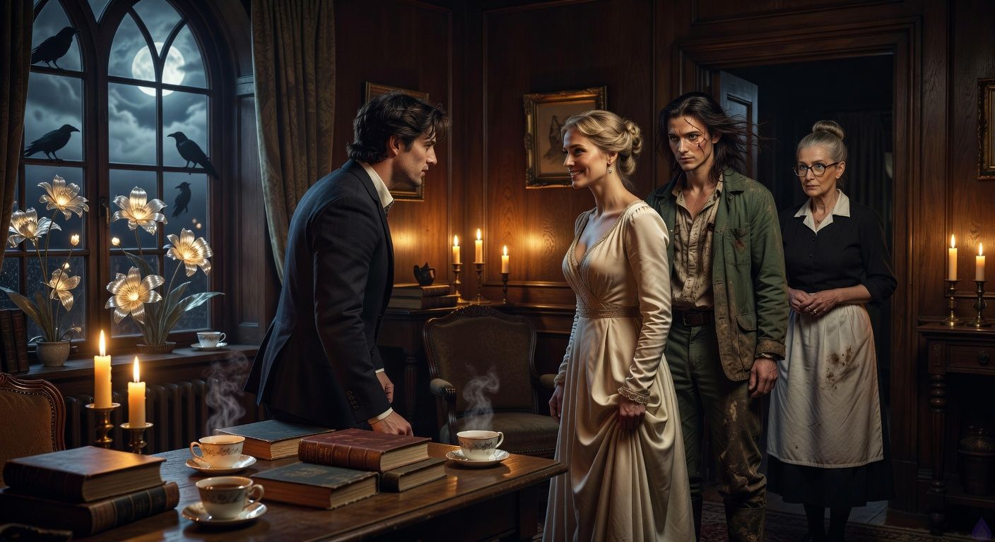 Cinematic close-up in a dimly lit Victorian study at midnight, golden candlelight casting dramatic shadows on leather-bound journals and steaming teacups on a wooden table. Protagonist Aedan, tousled dark hair, stands boldly confronting elegant blonde Lady Louisa in a flowing silk gown, her saccharine smile cracking into tension, body language poised yet invasive. Mysterious Elena with a prominent scar across her eye watches intently with a sensual gaze, tall and graceful in mud-streaked gardener's attire, dark hair windswept. Stern Mrs. Hargrove in gray bun looms protectively. Outside the window, glowing silver-gold midnight flowers bloom ethereally, ravens silhouetted against stormy sky. Mood of rising romantic tension and confrontation, intimate framing with warm interior glow contrasting cold blue moonlight, emotionally charged atmosphere of defiance and budding attraction.