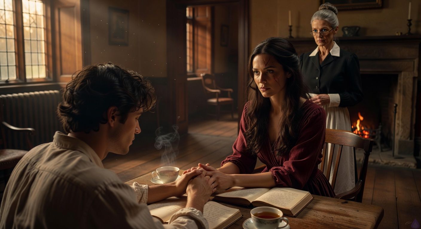 Intimate dawn-lit study in a gothic manor, second-person view of a young man with tousled dark hair squeezing hands with a tall graceful woman with a scar across her eye, her dark hair loose, both seated close by a wooden table with open leather journals and cooling teacups, warm golden light slanting through leaded windows casting long shadows, Mrs. Hargrove's stern figure blurred in the background poking the hearth, atmosphere of tender reassurance and growing romance, cinematic close-up with soft focus on intertwined hands, moody romantic tension like a period drama film still.