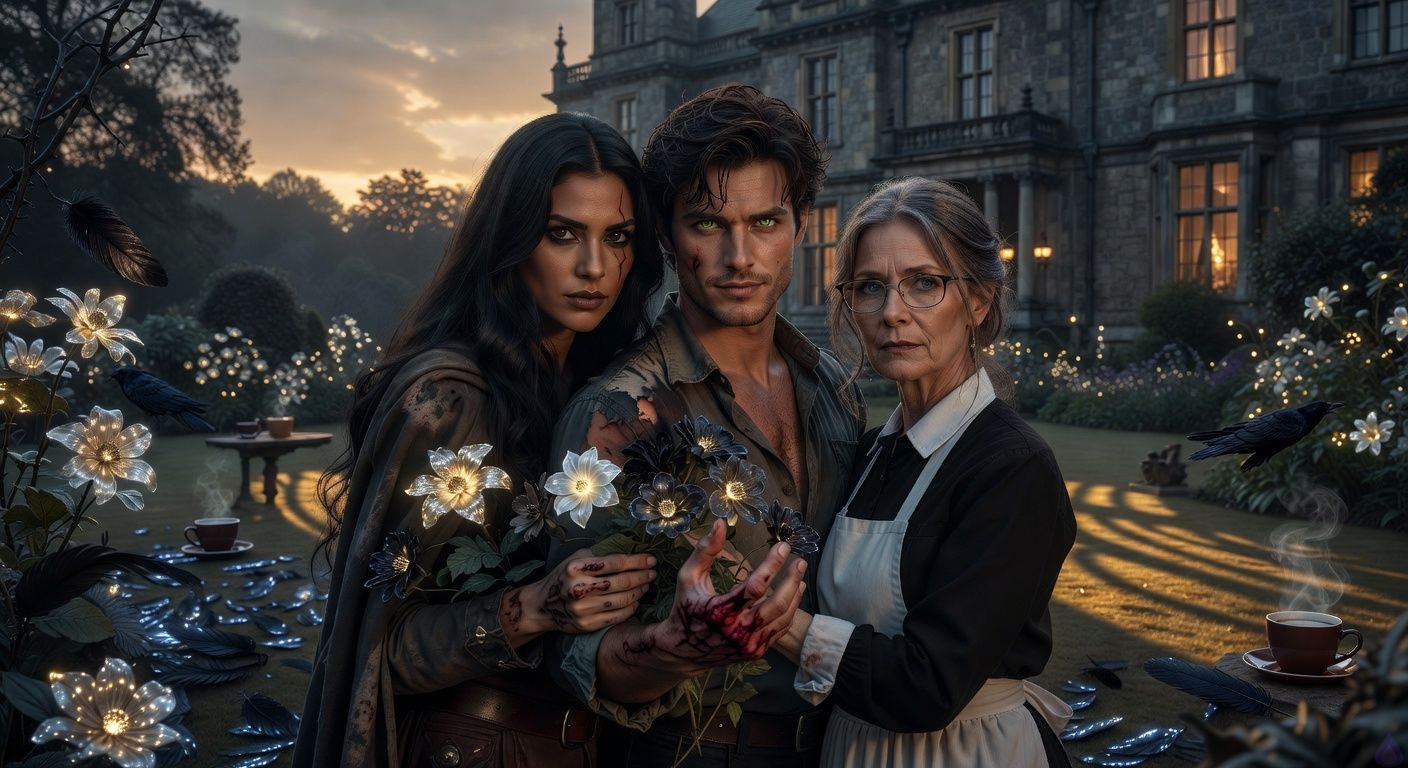 Cinematic dawn scene in a gothic garden at Thornfield Estate: protagonist Aedan Montague, tousled dark hair, stands firm with bloodied palm, flanked by tall graceful Elena Vasquez with scar across her eye and dark winter-night eyes, and stern Mrs. Hargrove with loosened gray bun. Thorns and midnight blooms glow faintly silver-gold in misty morning light, ravens' feathers scattered on dew-kissed ground, atmosphere tense with magic's afterglow, intimate protective huddle against the looming manor, romantic tension in their close gazes, soft golden hour lighting casting long shadows, moody romantic fantasy style like a Tim Walker photograph.
