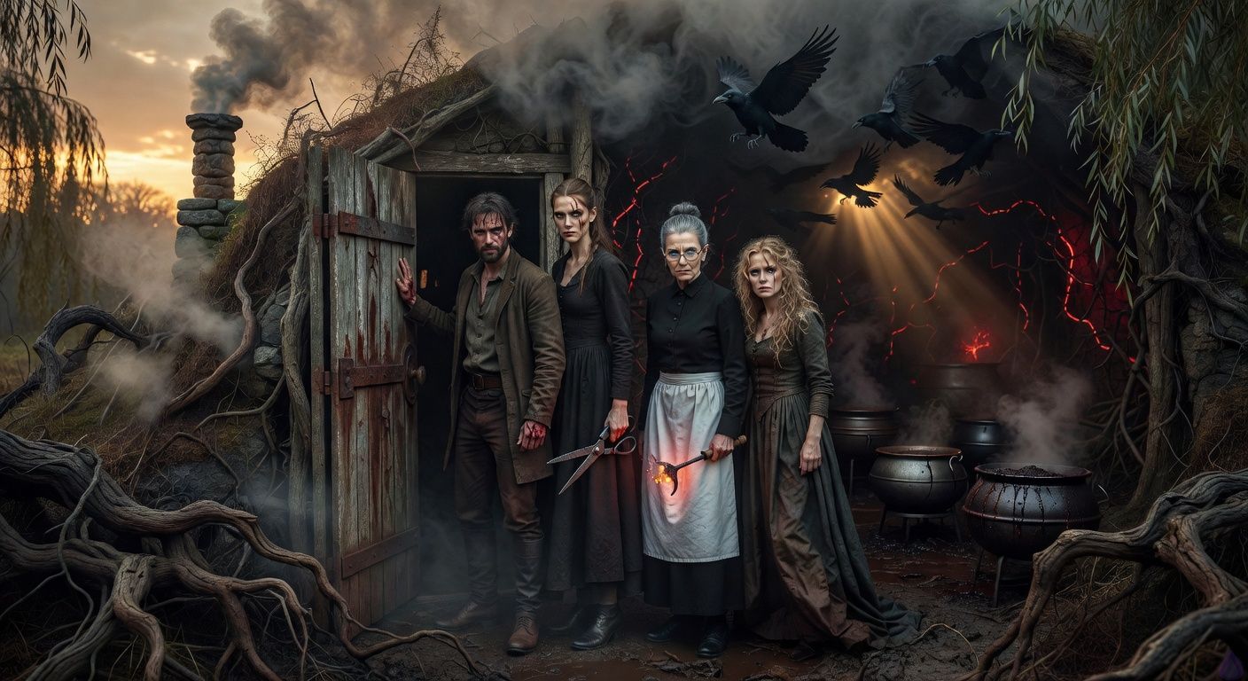 Cinematic wide shot of a grim bog hovel in Blackmoor Fens at dawn, thick acrid smoke billowing from chimney, twisted willow roots framing the sagging door ajar with rust blood on hinges; protagonist Aedan with tousled dark hair and bloodied palm stands resolute at threshold, flanked by tall graceful Elena with scar across eye holding shears, stern Mrs. Hargrove clutching glowing poker, muddied Lady Louisa with disheveled blonde curls; ravens swirling in black storm inside, cauldrons bubbling venom slurry, thorny vines pulsing red; moody low golden light piercing mist, atmosphere tense with magical menace and rising confrontation, intimate group unity against dark threat, romantic tension in Aedan and Elena's close stance.