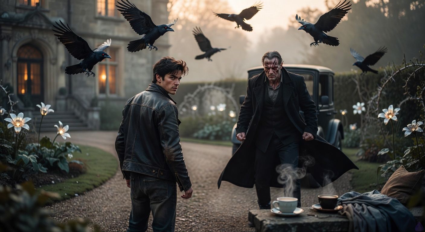 Cinematic dawn confrontation at a gothic manor estate: rebellious young man with tousled dark hair stands boldly on misty gravel drive, facing towering scarred antagonist in black coat emerging from ominous coach, ravens swarming overhead with red eyes, silver-glowing midnight flowers peeking from thorny garden in background, tense body language, antagonist's menacing stance with flexed fists, young man's defiant glare, warm golden dawn light piercing fog, atmosphere of rising supernatural tension and romantic peril, intimate focus on scarred faces and swirling mist, tasteful dramatic romance film style.
