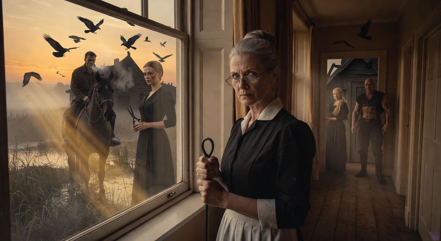 Cinematic dawn mist in eerie Blackmoor Fens, protagonist Aedan on horseback confronting shadowy hovel with raven swarm overhead, tall graceful Elena with scarred eye gripping shears beside him, stern Mrs. Hargrove clutching poker, distant blonde Lady Louisa and hulking scarred Warrick at door, thorny reeds and bubbling bog, moody tension with golden light piercing fog, intense gazes and poised confrontation, romantic undertones in Elena's proximity, atmospheric horror romance style like gothic Tim Burton film.