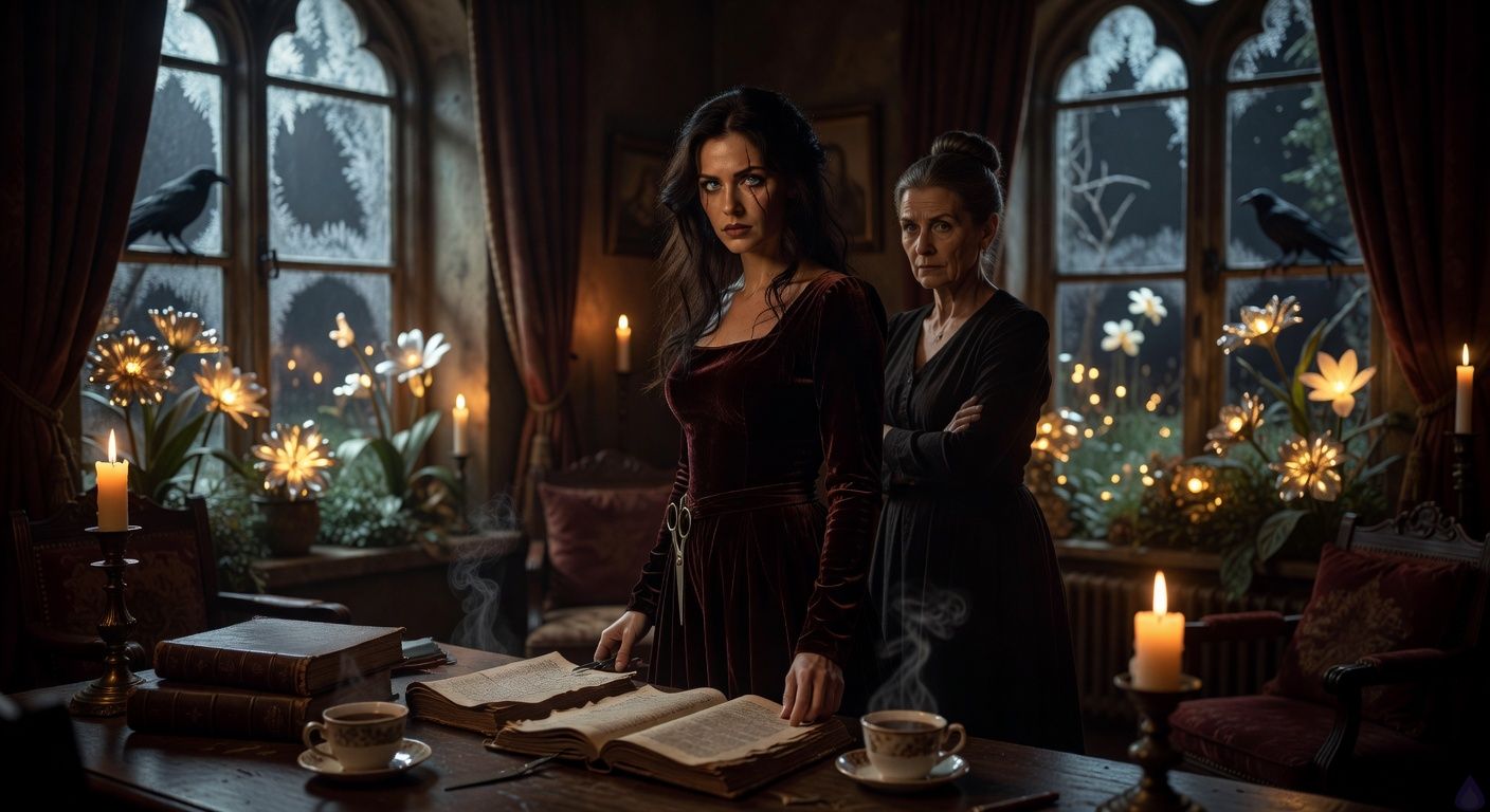 Cinematic interior of a dimly lit gothic study at midnight, heavy shadows from flickering candlelight casting dramatic contrasts on leather-bound journals splayed on a wooden table. A tall woman with a prominent scar across her eye, dark hair tousled, stands gracefully with shears at her belt, her intense winter-night eyes locking passionately with the viewer's, sensual tension in her poised body language. An older stern housekeeper with gray bun watches protectively from the side. Moonlight streams through arched windows illuminating glowing silver-gold flowers in the night garden outside, ravens silhouetted against the glow, atmosphere of rising romantic intrigue and looming danger, rich textures of velvet, wood, and frost-kissed glass, moody romantic film style like Crimson Peak.