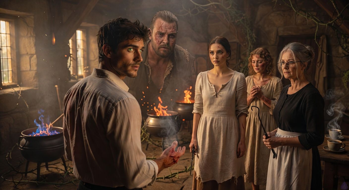 Cinematic scene in a dim, smoky fen hovel at dawn: protagonist Aedan Montague, tousled dark hair, bloodied palm, stands with gentle empathy facing Warrick, towering scarred man with forked lightning scar on cheek, eyes cracked with grief-tears, by bubbling cauldrons of blue flames and writhing thorns. Elena nearby, tall graceful with dark eyes and eye scar, shears in hand; Mrs. Hargrove with loosened gray bun, poker ready; Louisa in background, muddied blonde curls, tear-streaked face. Mood tense reconciliation, warm firelight contrasting cold mist, intimate emotional connection, romantic undercurrent in Aedan's compassionate gaze, misty atmosphere heavy with magic and regret.
