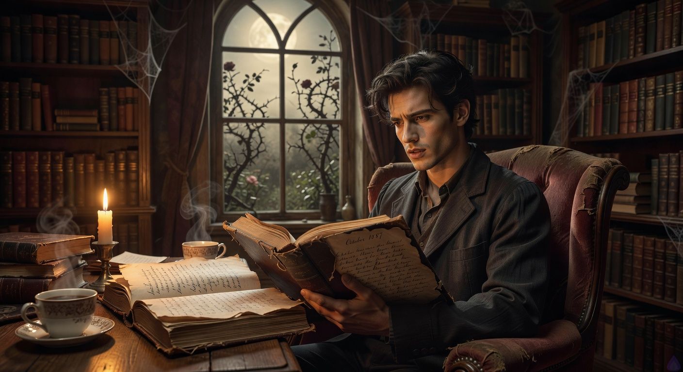 Cinematic close-up of a young man with tousled dark hair and sharp features sitting in a dusty antique wingback chair in a dimly lit Victorian study at midnight. He holds open a stack of faded velvet-bound journals, candlelight flickering golden across yellowed pages with elegant cursive script. Moonlight streams through a tall arched window behind him, casting silvery glow on thorny garden silhouettes outside. Atmosphere tense and mysterious, his expression intrigued and wary, shadows playing dramatically on bookshelves and cobwebbed corners, evoking gothic romance and hidden secrets.