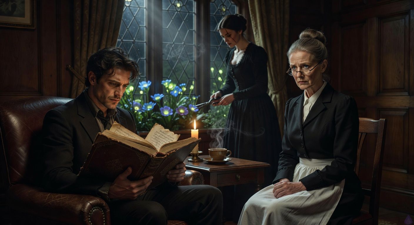 Cinematic close-up in a dimly lit antique study at midnight, protagonist Aedan seated in a leather armchair holding open an old velvet-bound journal, candlelight flickering warmly on yellowed pages with cryptic ink script, stern housekeeper Mrs. Hargrove perched nearby with tense posture and worried expression, silver moonlight streaming through leaded window panes illuminating impossible glowing flowers in the night garden outside, a tall graceful female silhouette (Elena) visible pruning blooms with shears, her face partially shadowed with a scar across one eye, atmosphere of intimate revelation and rising tension, moody chiaroscuro lighting, romantic gothic romance film style, rich textures of wood paneling and dust motes, emotional undercurrent of shared secrets and forbidden allure.