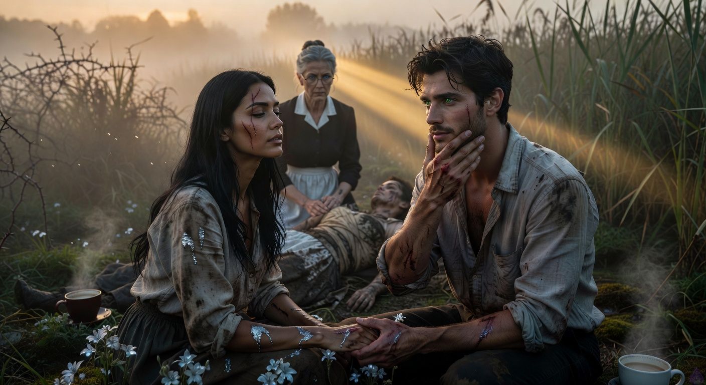 Cinematic close-up in misty Blackmoor Fens at dawn: protagonist Aedan Montague kneels tenderly, his hand cupping Elena Vasquez's scarred cheek with a sensual gaze of quiet intimacy, her dark eyes half-closed in relief, silver sap glistening on wounds; Mrs. Hargrove in background binds Louisa's mud-caked form; atmosphere heavy with fog and fading thorns, golden light piercing reeds, mood of exhausted triumph and budding romance, romantic tension in their intertwined hands, tasteful and emotional like a gothic romance film still.