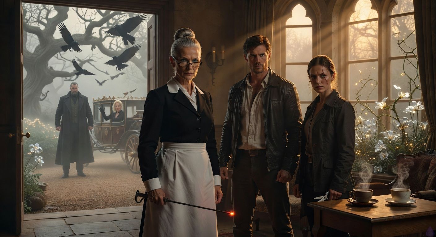 Cinematic dawn confrontation at a gothic estate drive: protagonist Aedan stands firm beside stern housekeeper Mrs. Hargrove wielding a glowing poker, facing towering antagonist Warrick with ravens swirling in black storm above ancient oaks; Elena poised with shears nearby, scar on her eye catching golden light; Lady Louisa's carriage lurks in misty treeline, blonde figure waving slyly; misty garden thorns lashing alive in background, silver-gold blooms pulsing faintly; tense body language, defiant stances, dramatic low-angle shot with raking dawn rays piercing fog, mood of rising magical tension and heroic resolve, intimate cluster of allies against looming threat, filmic romance thriller framing.