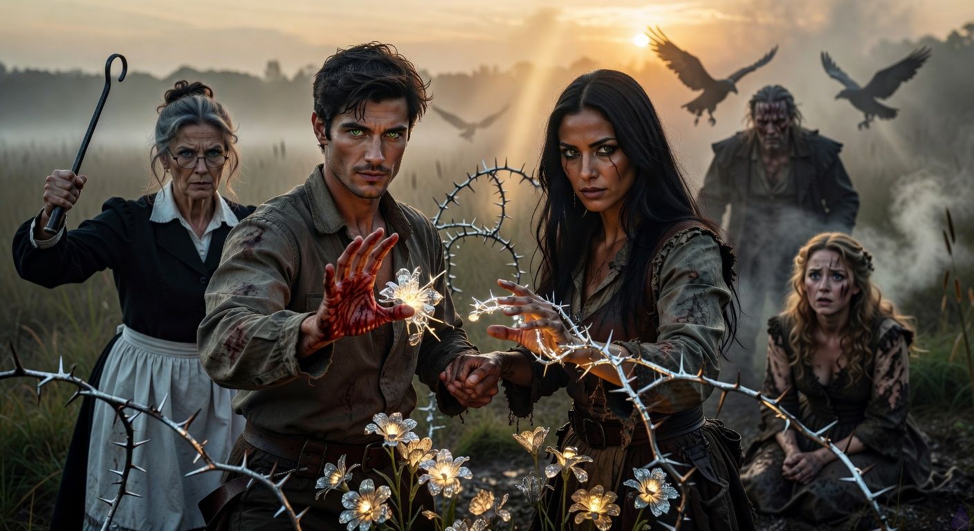 Cinematic scene in misty Blackmoor Fens at dawn: protagonist Aedan Montague, tousled dark hair, bloodied palm, stands firm gripping Elena Vasquez's hand, her tall graceful figure with dark eyes like winter nights and scar across her eye, both channeling glowing silver-gold magic from midnight blooms into surging thorn barriers. Mrs. Hargrove nearby with loosened gray bun and poker raised. Antagonist Warrick looms in background with scarred face, ravens swirling; Lady Louisa with blonde curls in mud, terrified. Mood tense romantic alliance, ethereal magic glow, misty fen reeds, dramatic golden dawn light filtering through fog, intense body language of unity and defiance, passionate determination in their intertwined hands.