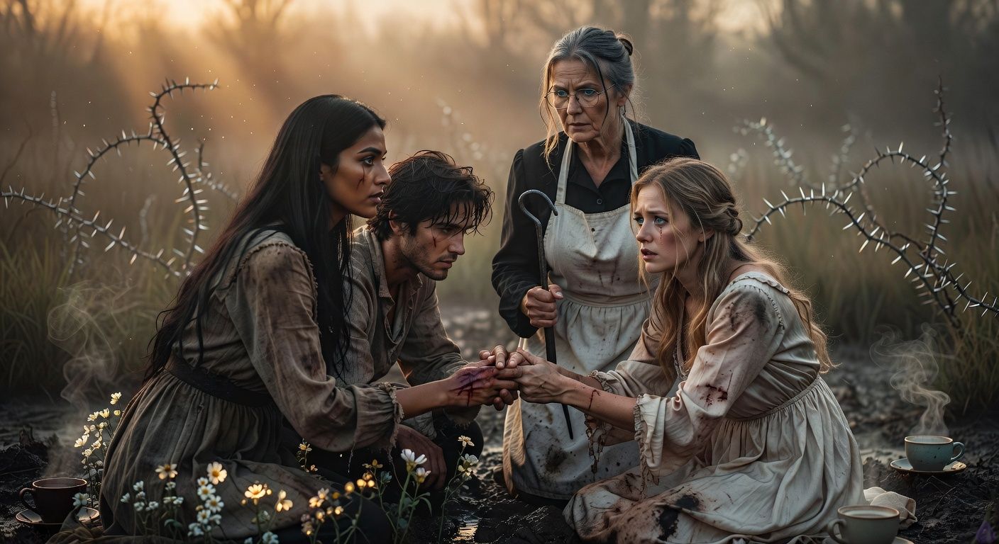 Cinematic dawn scene in misty Blackmoor Fens, protagonist Aedan kneeling in black mud with tousled dark hair and bloodied palm, tenderly holding hands with tall graceful Elena Vasquez whose dark eyes meet his with vulnerable intensity and scar across her eye, stern Mrs. Hargrove with loosened gray bun stands protective nearby clutching a poker, disheveled blonde Lady Louisa clutches his other hand in tear-streaked fear, thorny vines recede into foggy bog background glowing faintly silver, atmosphere of exhausted intimacy and fragile alliance after battle, moody golden light piercing mist, romantic tension in close intertwined hands and sensual gazes, PG-13 tasteful framing like a gothic romance film still.
